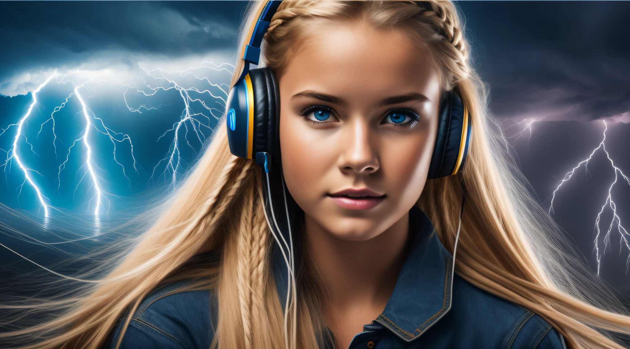 a BLONDE GIRL with long braid hair, Of headphones, lightning, with thunderstorms, thunderstorms, with lightning, crackling with lightning, lightning storms, storms, there are lightning, thunder, lightning!!!, lightning effects, severe weather storms, electrical storm, lightning storm, detailed lighting and thunder, during a storm, in a lighting storm, thunderstorm, dark storms with lightning --auto --s2