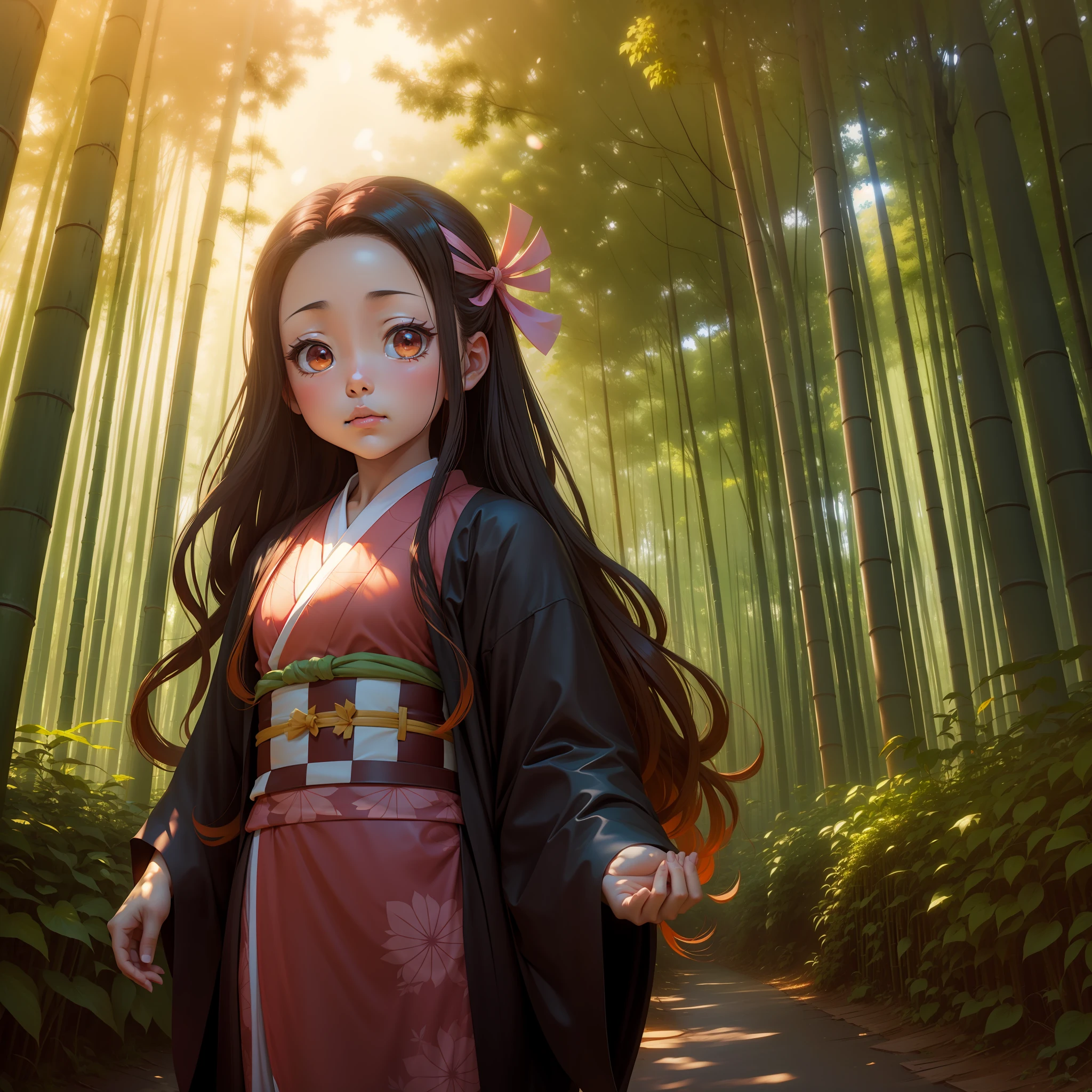Tsuko Kamato, 1girl, bamboo, bit gag, brown hair with orange gradient, hair ribbon, haori, japanese clothes, kimono, long hair, looking at the audience, pink eyes, pink kimono with white flowers, pink ribbon, ribbon, solo, upper body, anime style background: a bamboo forest with green leaves and sunlight filtering through the gaps foreground: a wooden fence with a sign that says “do not enter”