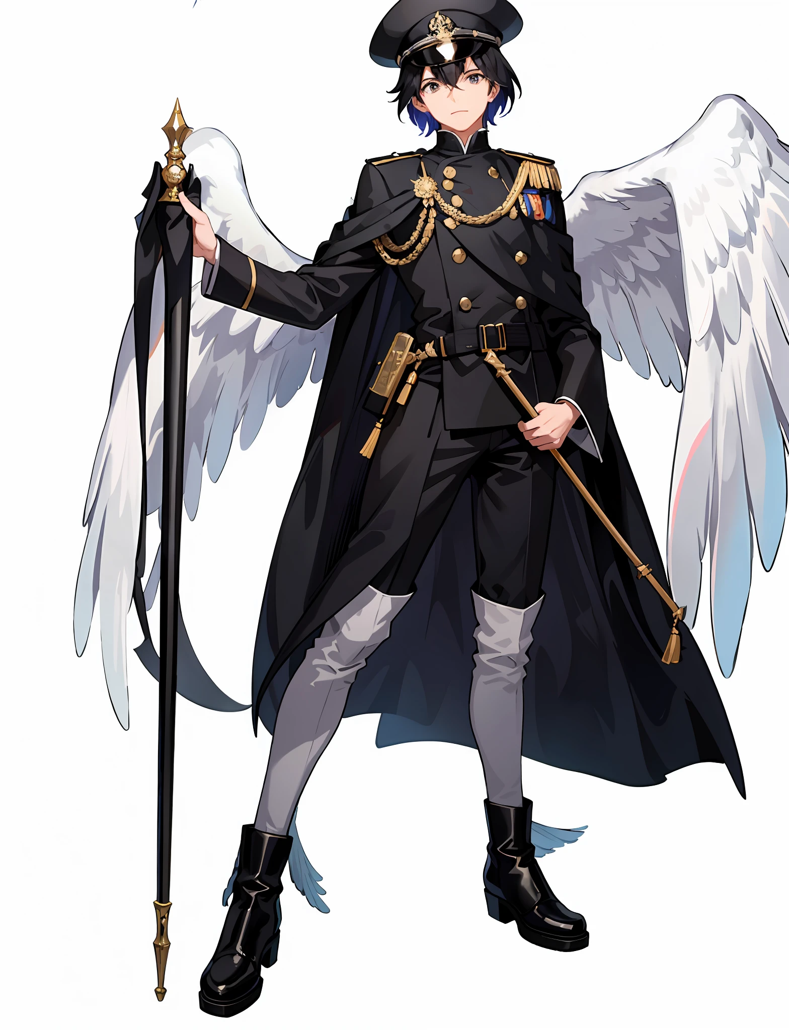 A man in a black cane costume, wearing a white navy uniform and cape, male, shota, full body concept, colorful, full body, seagull wings, martin boots