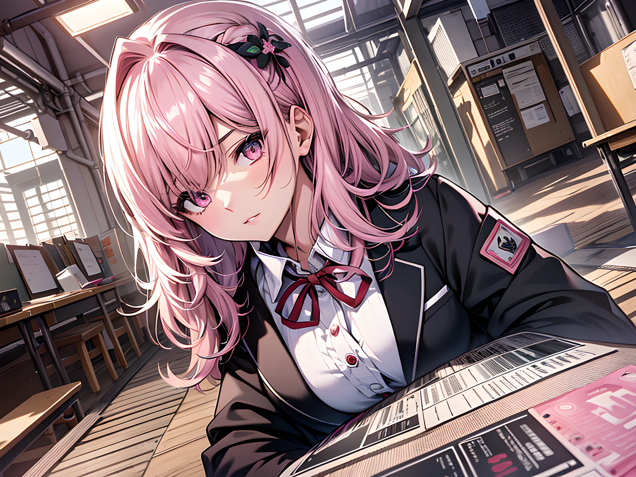 Masterpiece, best quality, official art, FHD, 1080P, 2K4K18K, very detailed CG unified 8k wallpaper, best quality, masterpiece, game_cg, girl, medium hair, pink hair, hair follicles, beautiful details eyes, pink eyes, school uniform, medium breasts, chengfu