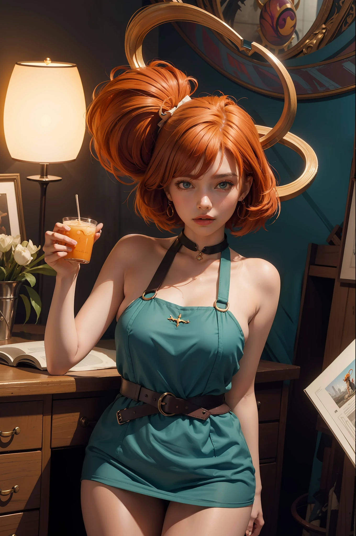 concept art, overhead angle of a Will-o'-the-wisp, wearing Funny Somali Emerald deep orange Pinafore, Caramel hair styled as Short hair, fluorescent purple Hair tie, equirectangular 360, Highres,  [(art by Willi Baumeister:1.1), (art by John T. Biggers:1.2)::17], official art, unity 8k wallpaper, ultra detailed, aesthetic, masterpiece, best quality, photorealistic