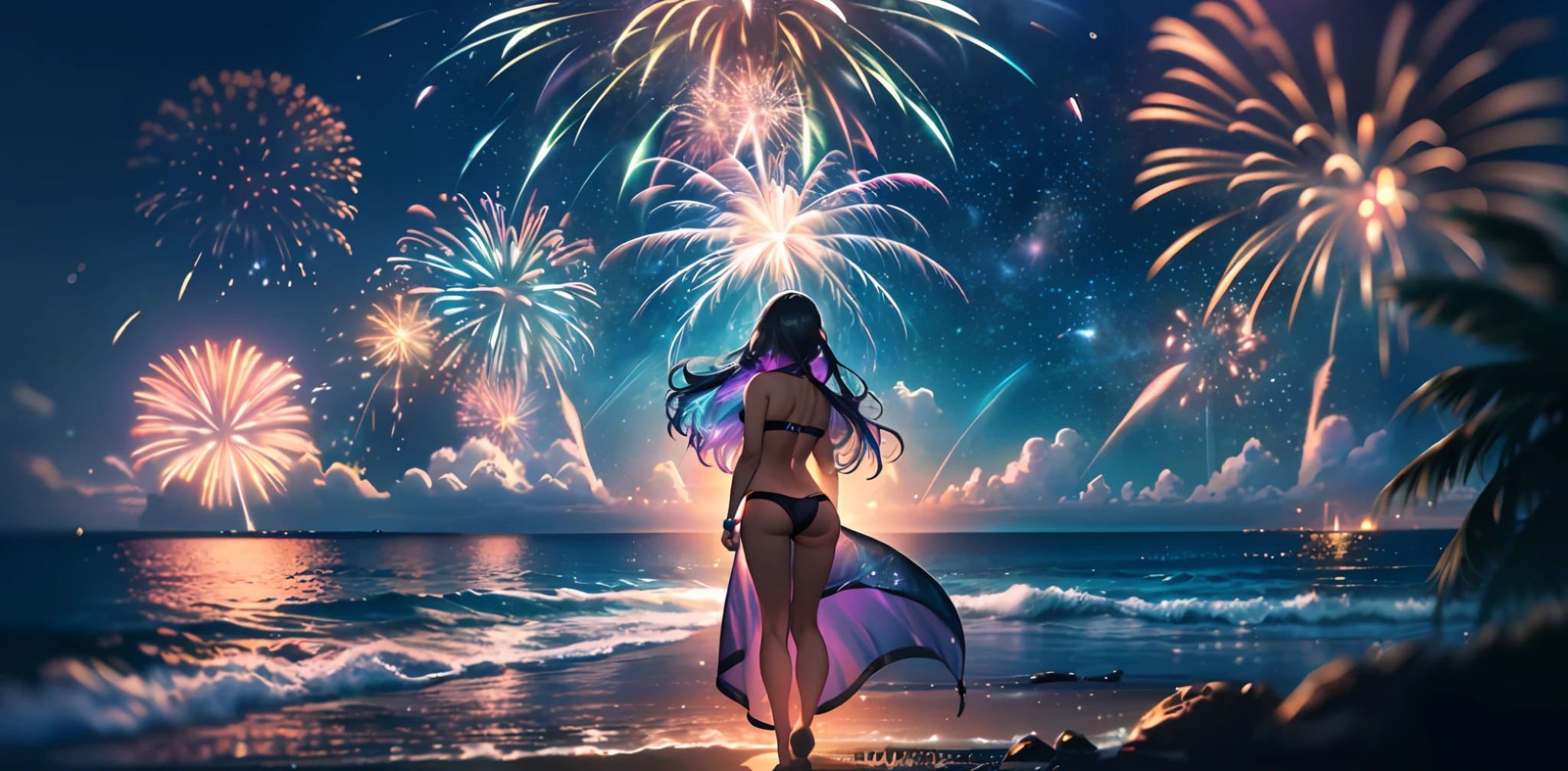 Vast night sky pictures,((Top quality:1.4),(Unparalleled masterpiece),Night Sky: 1.4,(Fireworks: 1.4, Aerial Fireworks: 1.4), highly detailed 8k CG unit,,Bokeh,Depth of field,, Beach, Sea, Volumetric Lighting,(Dynamic Composition: 1.4),Bikini girl standing on the beach, character 0.3, Very detailed, Colorful details, (Iridescent: 1.2), (glow illumination, atmosphere lighting), dreamy, magical, (solo: 1.2),