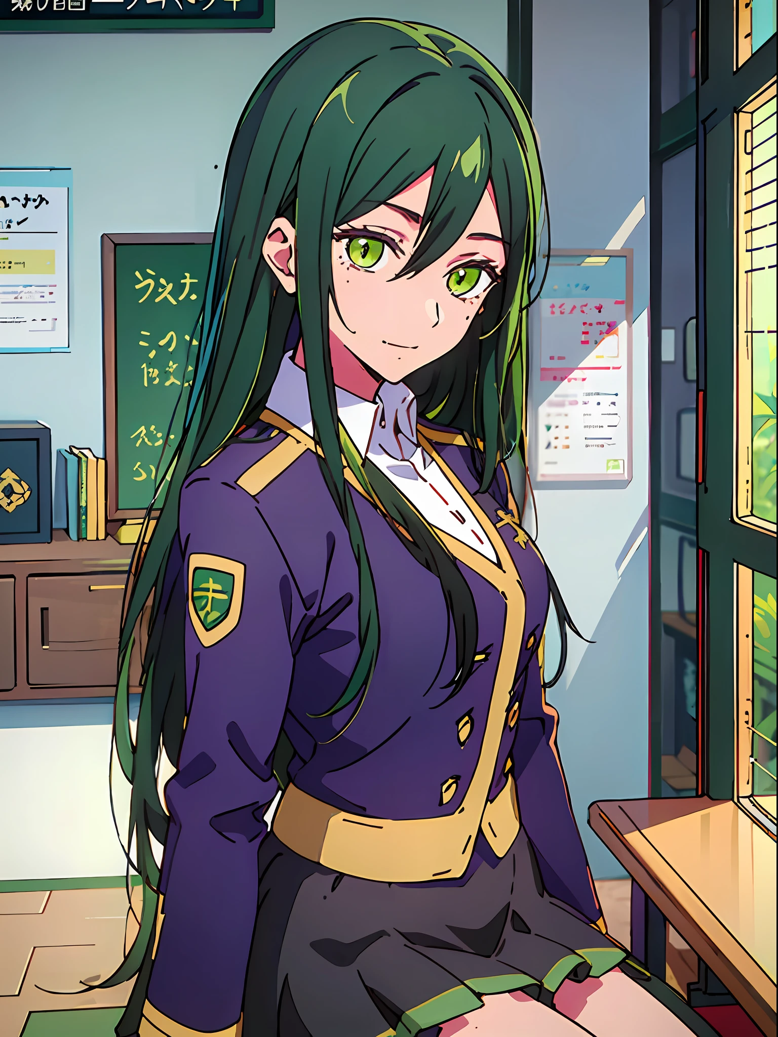 frillshiranui\(oshinoko\), green hair, green eyes, long hair, uniform, expressionless, mole under mouth, smiling, miniskirt,
