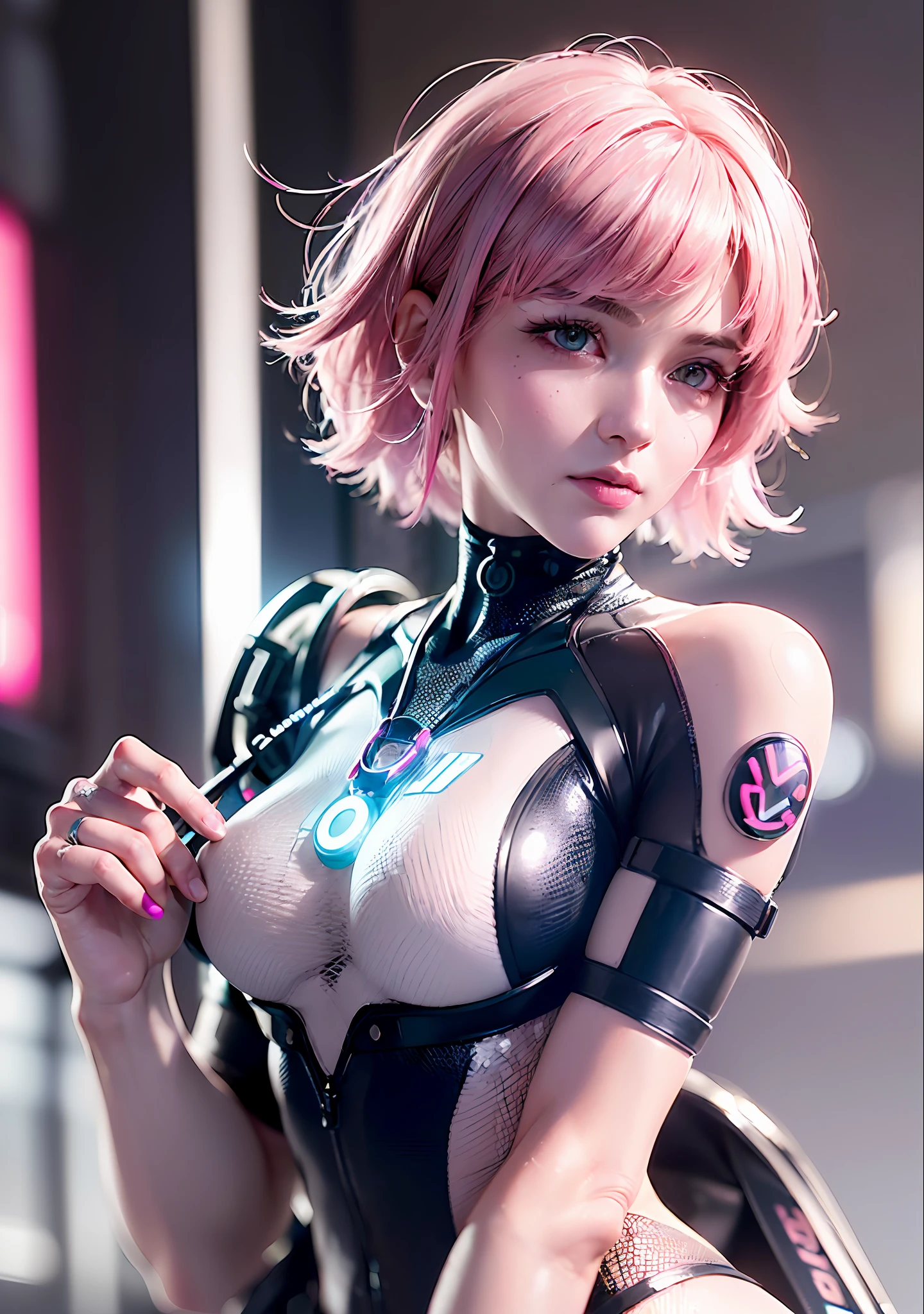 (high resolution, photorealistic, realistic, best quality), (8k, raw photo, masterpiece), (photon mapping, physically based rendering), masterpiece, Amazing, fine detail, extremely delicate, detailed and beautiful, highly detailed, sharp focus, blurred background, (real person, photograph), (((highly detailed skin, visible pores))), 1 girl, full body (((Ghost In The Shell))) (((face close-up) , moist lips))), ((irises and pupils rounded, the pupil reflects the environment, ((perfect eyes)), ((short hair, pink hair, thick and colorful bangs)), ((full breasts)), ( (Cyberpunk 2077)), (((Neon))), Tight combat uniform, stainless steel, ((Data cable, fiber optic