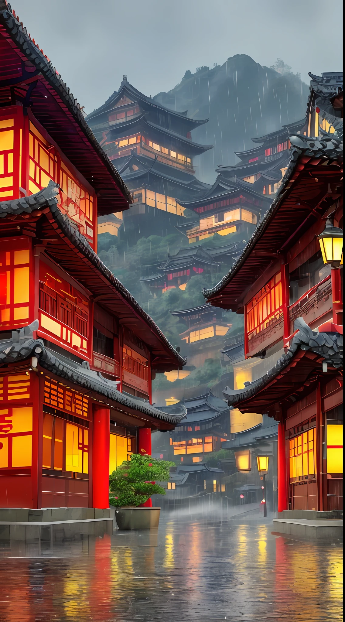 arafed view of a village with a lot of lights on the buildings, dreamy chinese town, chinese village, amazing wallpaper, japanese town, japanese village, hyper realistic photo of a town, old asian village, japanese city, by Raymond Han, rainy evening, cyberpunk chinese ancient castle, beautifully lit buildings, at evening during rain, beautiful and aesthetic, photography, cinematic, 8k, high detailed ((Heavy rain)))