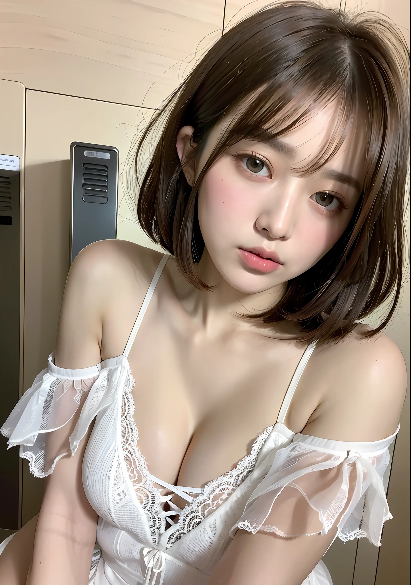 ((top quality, 8k, masterpiece: 1.3)), women (full body portrait, lace underwear up and down, small breasts, cleavage), inside the locker room, background locker room, overhead camera, sharp focus: 1.2, cute women: 1.4, ((brown hair, bob cut hair)), very detailed face and skin and hair texture, detailed eyes, double eyelids, white skin, beautiful legs, beautiful delicate nose, Cute young Japan woman, 26 years old, at a dynamic angle, is pleasing to the eye and suggestive composition, while emphasizing the subject's hair, eyes, mouth and action, while exuding melancholy emotions characterized by a contrasting mix of light and shadow, with a dynamic angle.