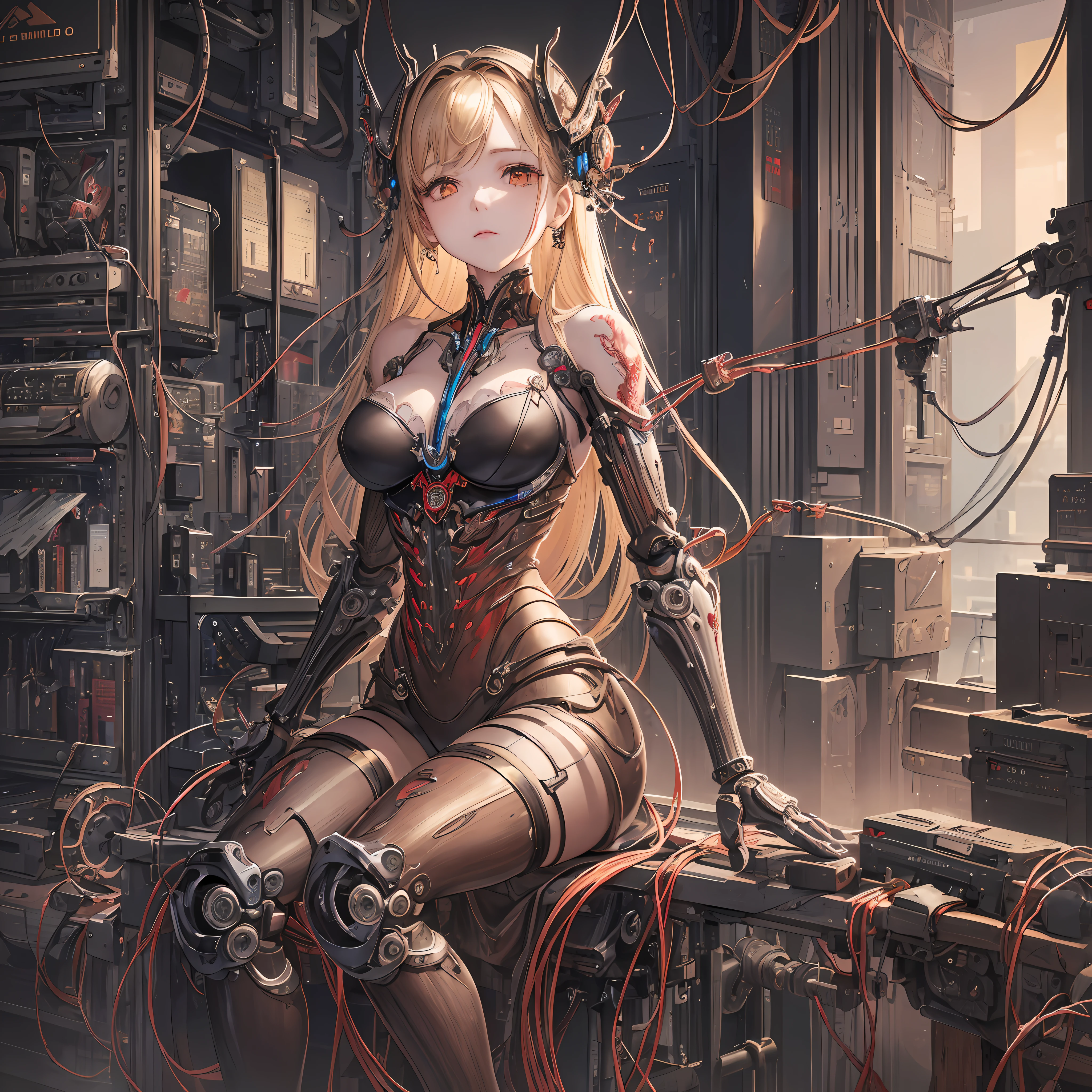 (Masterpiece, Top Quality, Best Quality, Official Art, Beautiful and Indulgent: 1.2), (1 Girl: 1.3), Very Detailed, Colorful, Supreme Detail ((Ultra Detailed)), (Highly Detailed CG Illustration), ((Very Delicate and Beautiful)), (From the Side), Cinematic Light, (1 Machine Girl)), Solo, Full Body, Blonde, Gothic, (Mechanical Art: 1.2), ((Mechanical limbs)), ( blood vessels connected to tubes), (mechanical vertebrae attached to the back), (mechanical cervical vertebrae attached to the neck)), (sitting), damaged, expressionless, (wires and cables attached to the neck: 1.2), (wires and cables attached to the neck: 1.2), (character focus), science fiction, fantastic landscape --auto --s2
