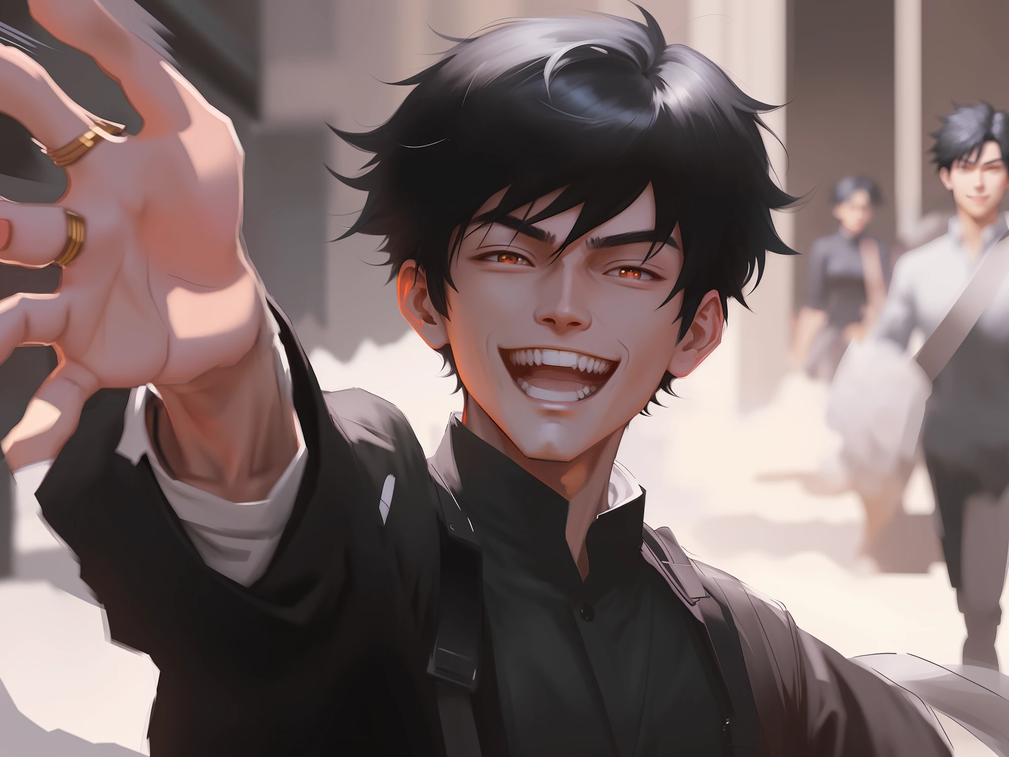anime boy with black hair and black suit waving his hand, guweiz, artwork in the style of guweiz, guweiz masterpiece, he is smiling, he is very happy, grinning lasciviously, [[[[grinning evily]]]], ross tran style, insane smile, wide grin, ross tran!!!