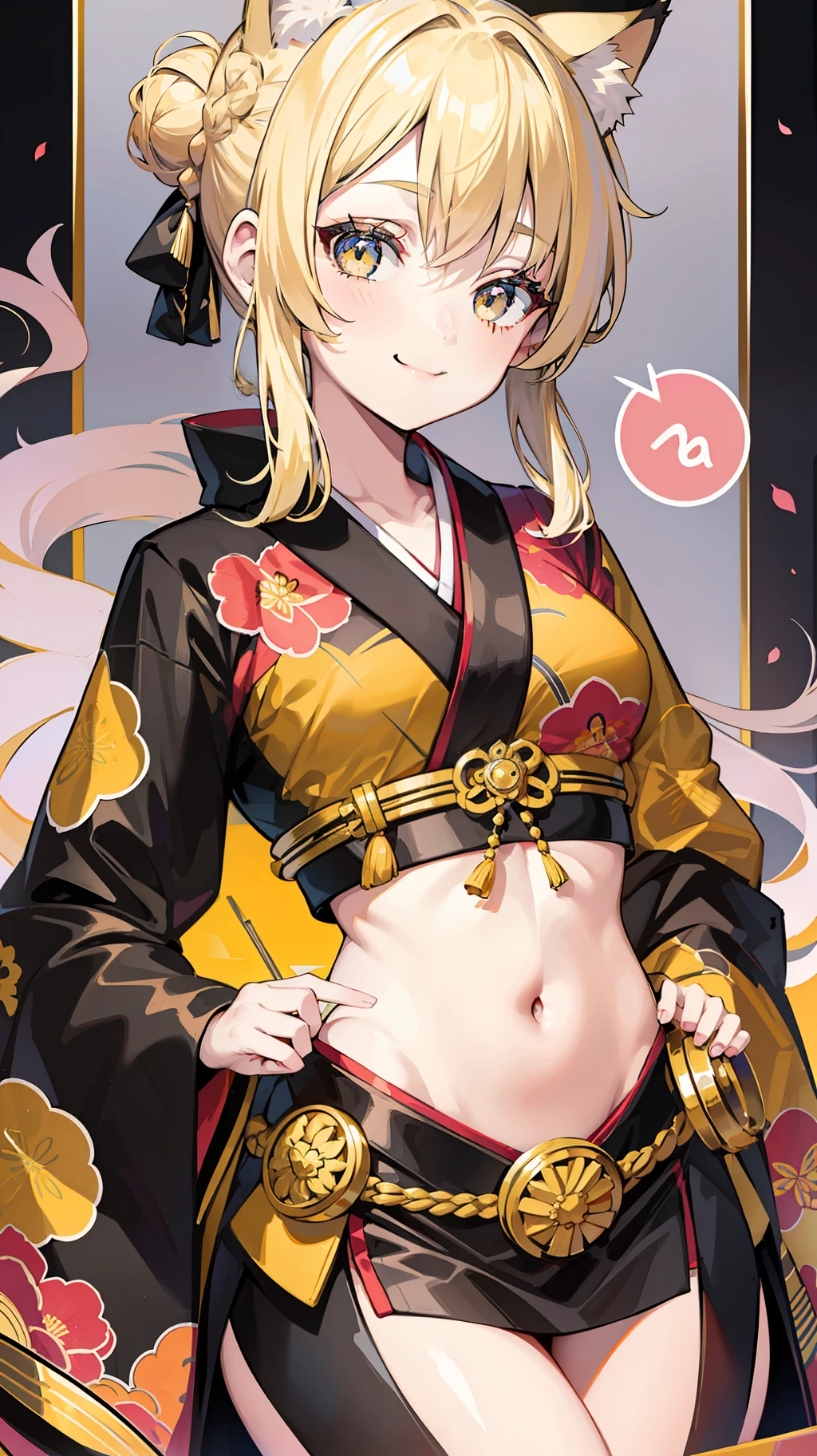 Young girl, blonde hair in a bun, amber eyes, cat ears, kimono, open chest, smile, masterpiece, high quality