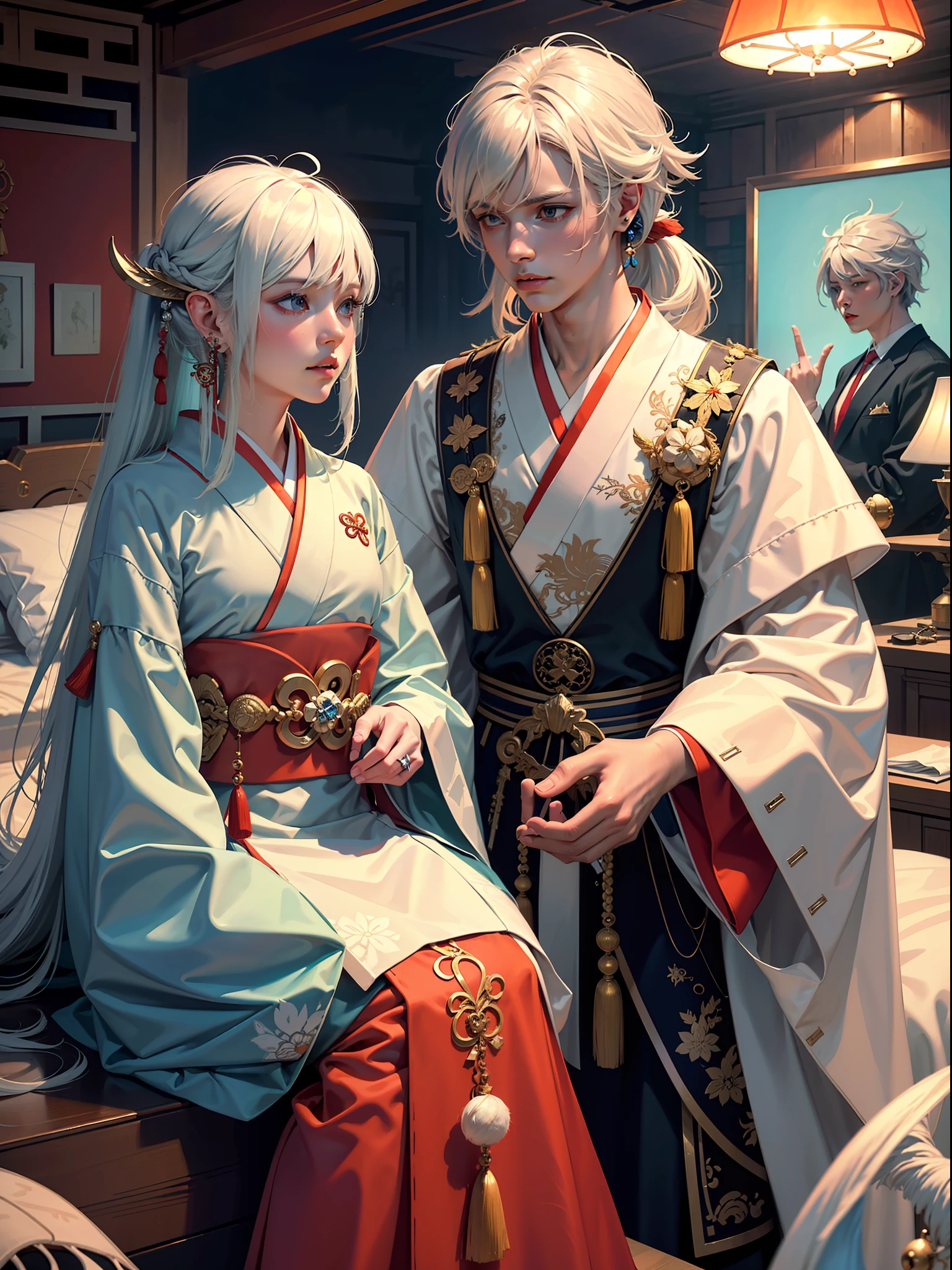 Concept Art, "1 Couple, Male Focus, Fin Ears, Multicolored Hair, Handsome Boy, Long White Hair, Tassels, Bangs, Carp, Colorful, Bold Colors, White Kimono, (Open) Kimono, Traditional Chinese Clothing, Close-up, Intimate Interaction in Bed, Stud Earrings, Rings, Sweat, Illuminate People", Colorful, Master Composition, Focus on Key Figures, Realism, Masterpiece, Award-Standing, Best Quality, Masterpiece, Ultra Detailed, 8K, Extremely Detailed CG Unity 8k wallpaper, complex, highly detailedrealistic