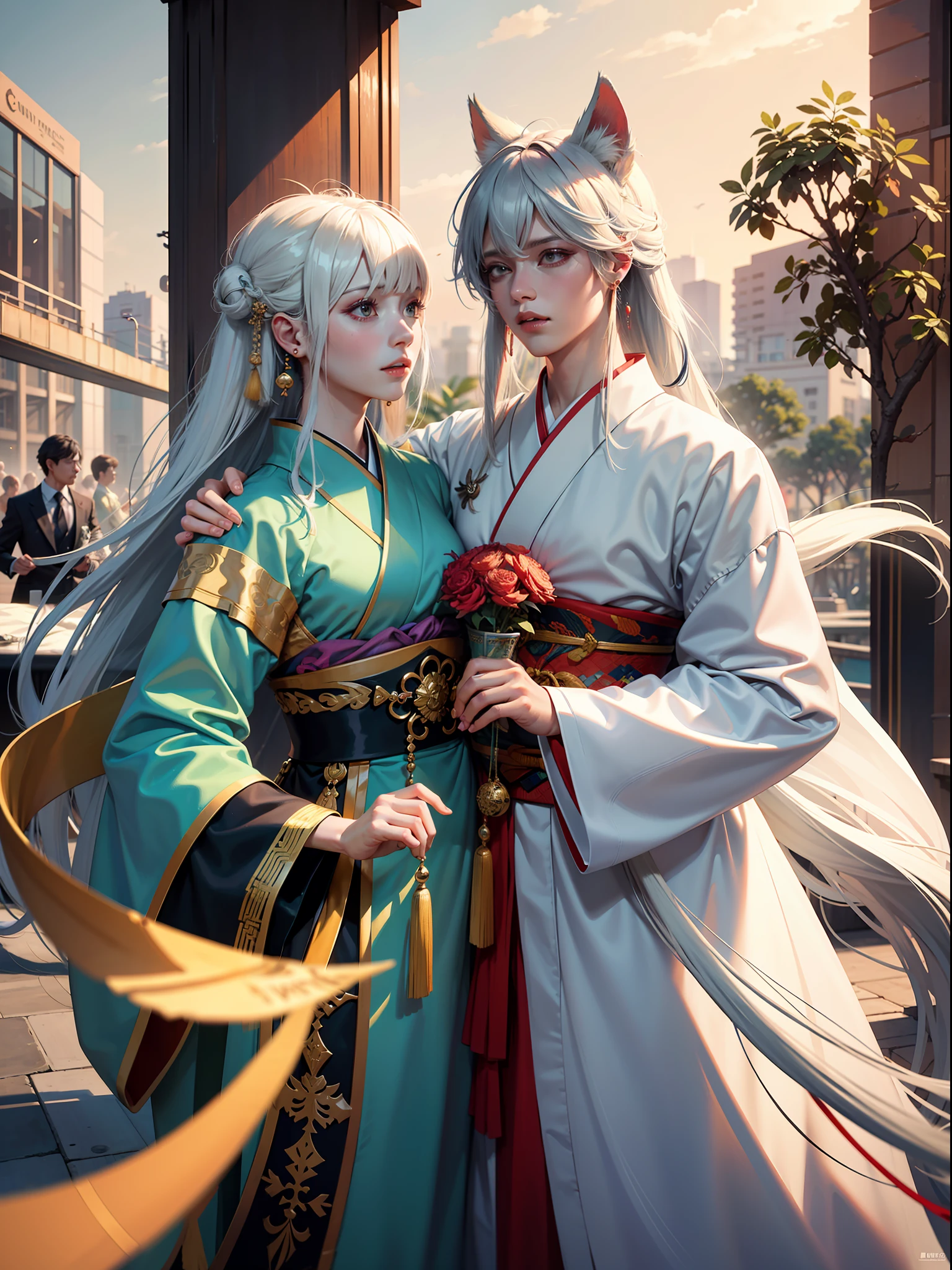 Concept Art, "1 Couple, Male Focus, Fin Ears, Multicolored Hair, Handsome Boy, Long White Hair, Tassels, Bangs, Carp, Colorful, Bold Colors, White Kimono, (Open) Kimono, Traditional Chinese Clothing, Close-up, Intimate Interaction in Bed, Stud Earrings, Rings, Sweat, Illuminate People", Colorful, Master Composition, Focus on Key Figures, Realism, Masterpiece, Award-Standing, Best Quality, Masterpiece, Ultra Detailed, 8K, Extremely Detailed CG Unity 8k wallpaper, complex, highly detailedrealistic