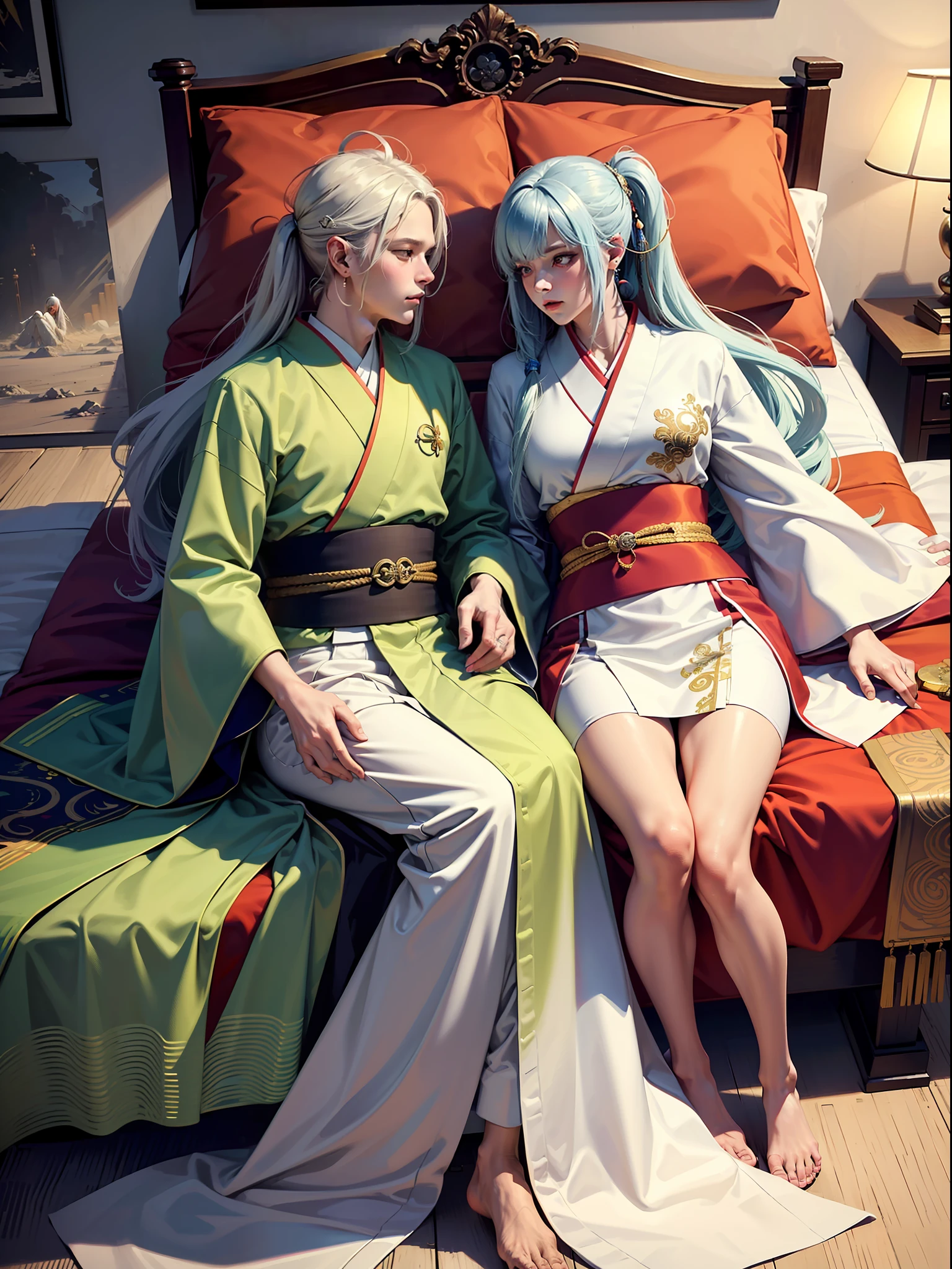 Concept Art, "1 Couple, Male Focus, Fin Ears, Multicolored Hair, Handsome Boy, Long White Hair, Tassels, Bangs, Carp, Colorful, Bold Colors, White Kimono, (Open) Kimono, Traditional Chinese Clothing, Close-up, Intimate Interaction in Bed, Stud Earrings, Rings, Sweat, Illuminate People", Colorful, Master Composition, Focus on Key Figures, Realism, Masterpiece, Award-Standing, Best Quality, Masterpiece, Ultra Detailed, 8K, Extremely Detailed CG Unity 8k wallpaper, complex, highly detailedrealistic