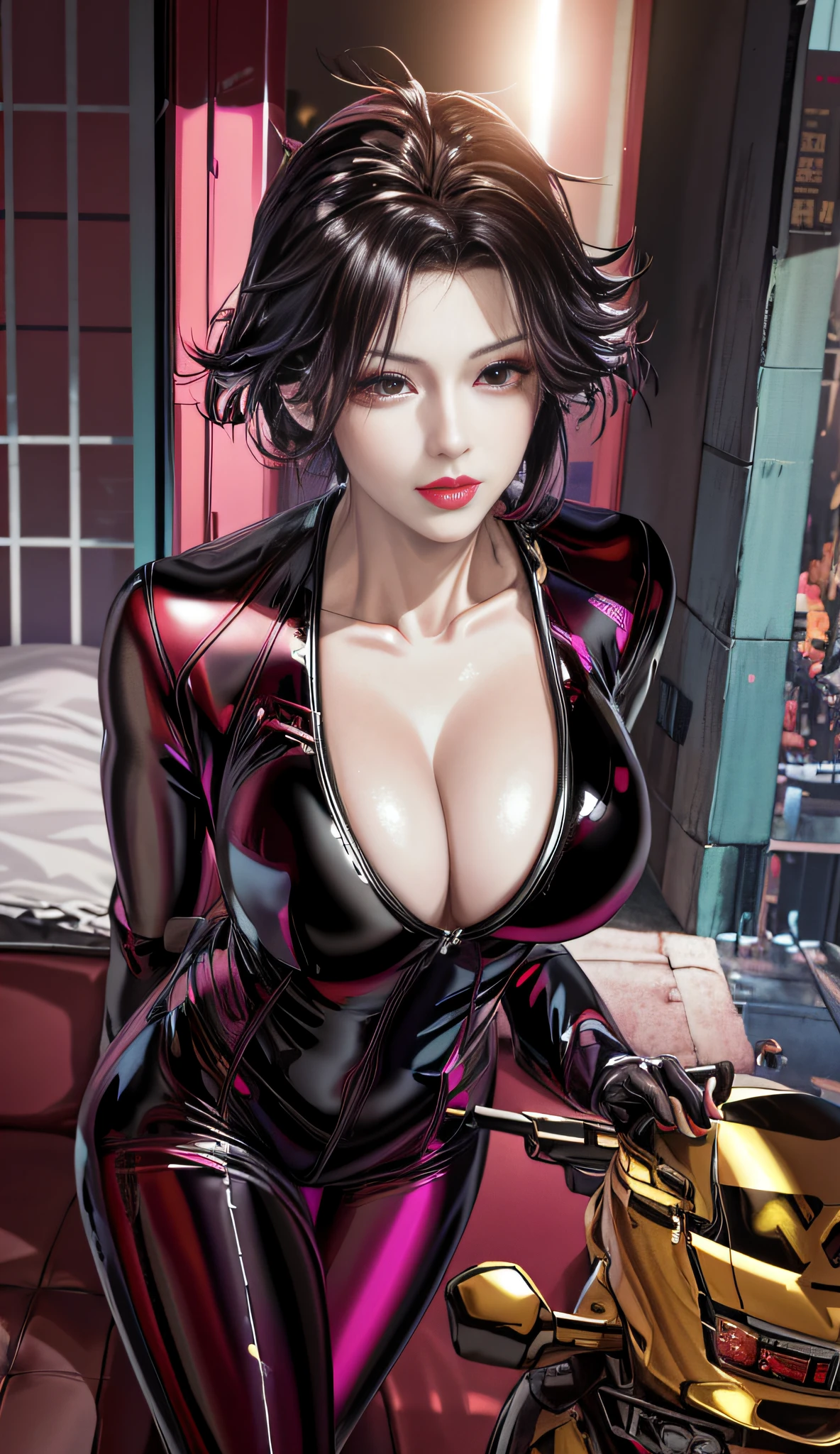 there is a woman in a sexy outfit posing on a bed, wearing atsuko kudo latex outfit, japanese goddess, intricate latex set, intricate wet latex suspenders, latex shiny, cyberpunk glossy latex suit, shiny plastic, futuristic glossy latex suit, tracer in a skintight dress, shiny gold, latex ?????, inspired by hajime sorayama