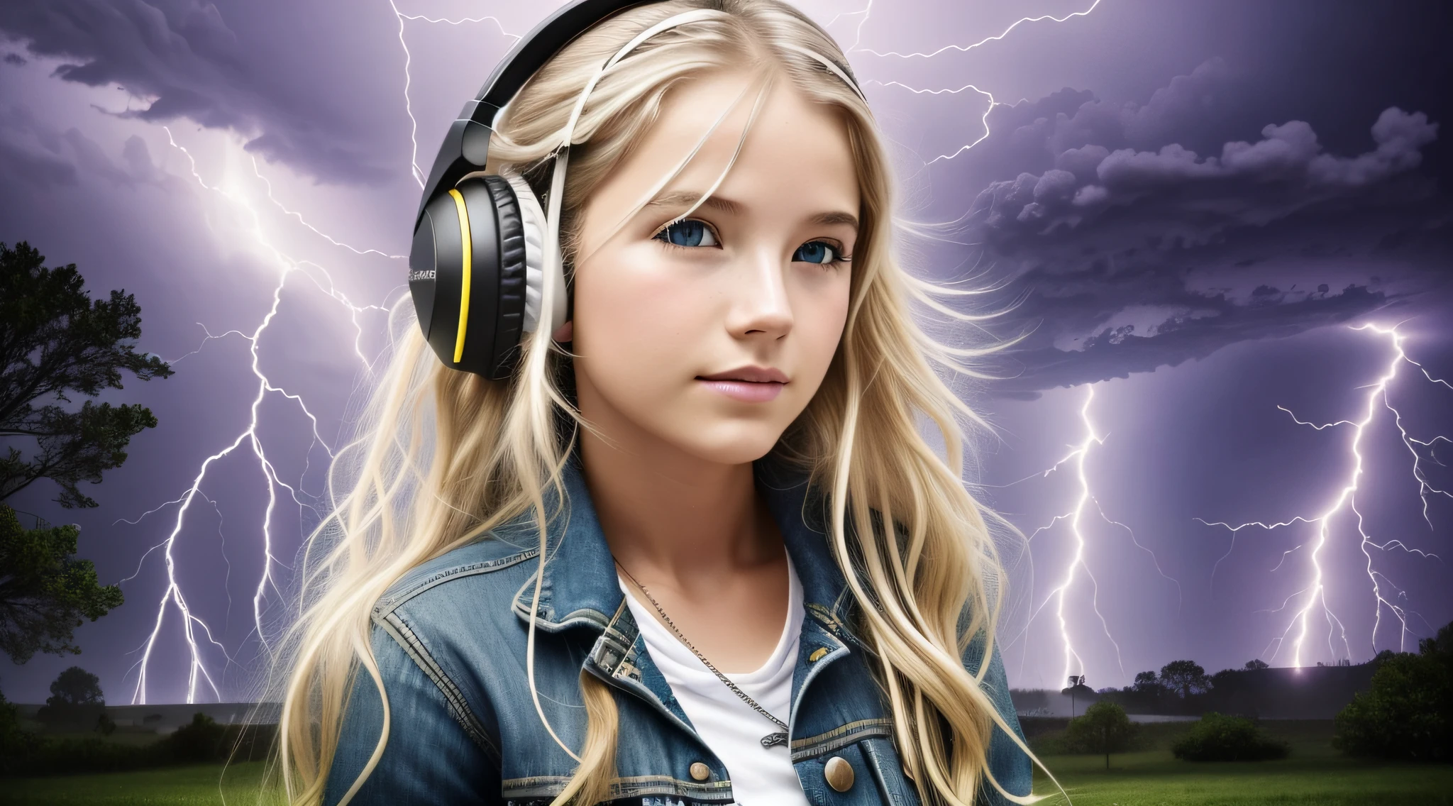 a BLONDE 14-YEAR-OLD GIRL WITH LONG HAIR From headphones, lightning, with thunderstorms, thunderstorms, with lightning, crackling with lightning, lightning storms, thunderstorms, lightning storms, there are lightning, thunder, lightning!!!, lightning effects, severe weather storms, electrical storm, lightning storm, detailed lighting and thunder, during a storm, in a lighting storm, thunderstorm,  dark storms with lightning --auto --s2