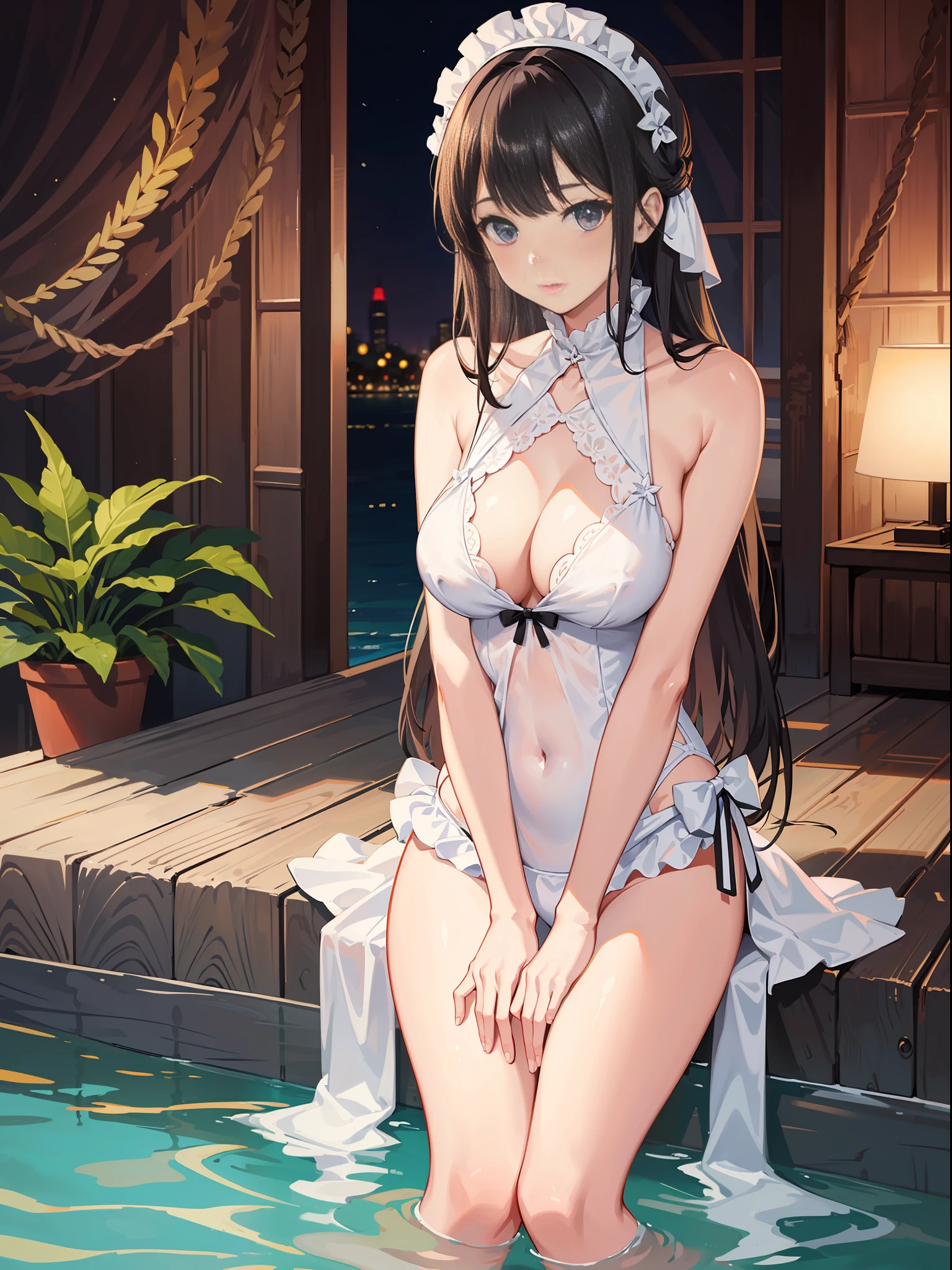 {Slender Beautiful Girl}, White Maid Swimsuit, High Resolution, Top Quality, Super Detail, Wedge, Fine Details, No Blushing, Night Pool, Beach