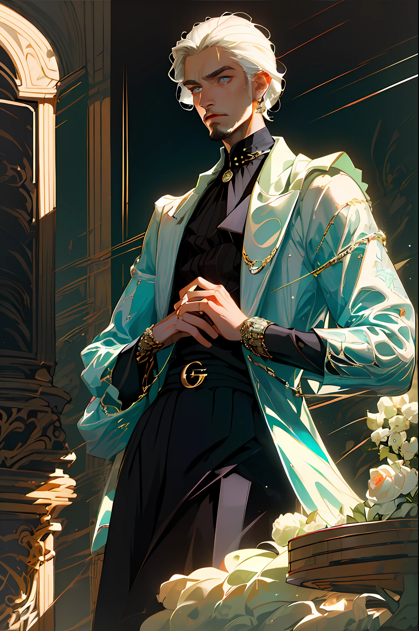 (best quality, masterpiece), 1boy, fashion clothes, gucci, male model, fine beard, fine details on face, elegant man, fashion, jewelry, whole body, detailed face, amazing details, movie light, light eyes, (dark circles), stylist clothes, neutral colors, short hair, indirect light, look at the viewer, serious look
