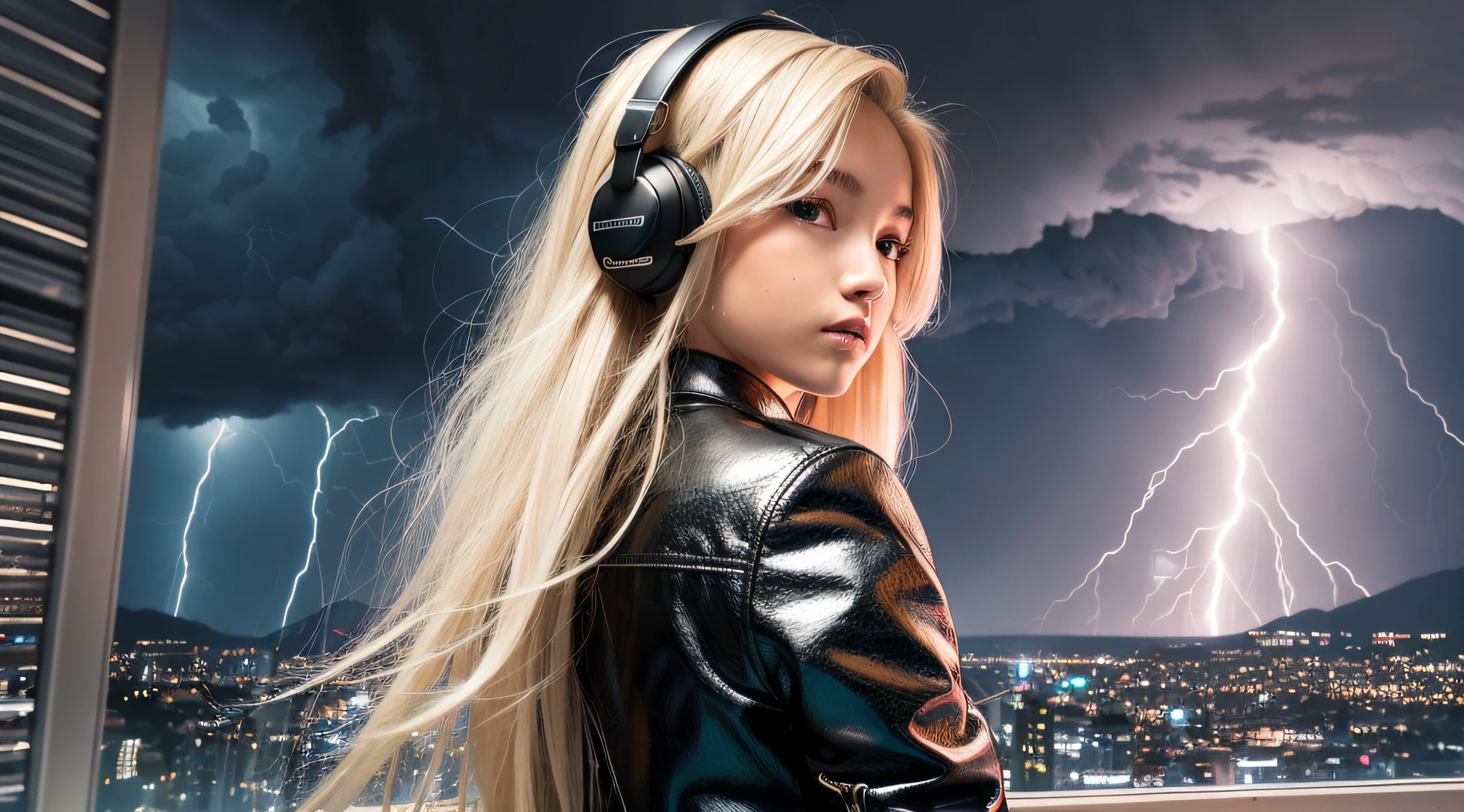 a 14-YEAR-OLD BLONDE GIRL with long hair From headphones, silver leather jacket, lightning, with thunderstorms, thunderstorms, with lightning, crackling with lightning, lightning storms, thunderstorms, thunderstorms, lightning!!!, effects of lightning, severe weather storms, electrical storm, lightning storm, detailed lighting and thunder, during a storm, in a lighting storm,  thunderstorm, dark storms with lightning --auto --s2