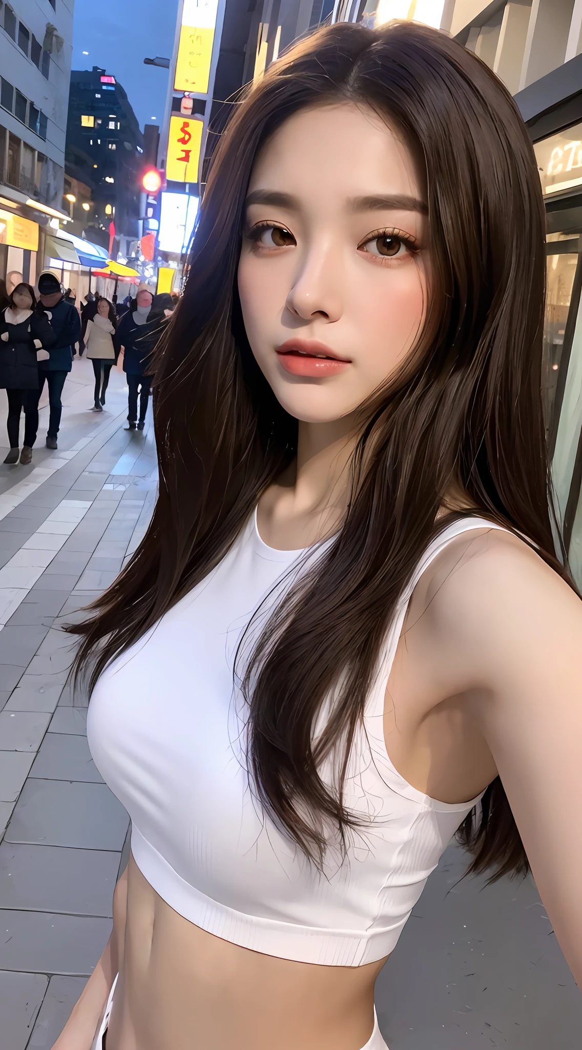 ((Realistic lighting, Best quality, 8K, Masterpiece: 1.3)), Clear focus: 1.2, 1girl, Perfect Body Beauty: 1.4, ((Dark brown hair)), (White crop top: 1.4), (Outdoor, Night: 1.1), City Street, Super Fine Face, Fine Eyes, Double Eyelids, Bride