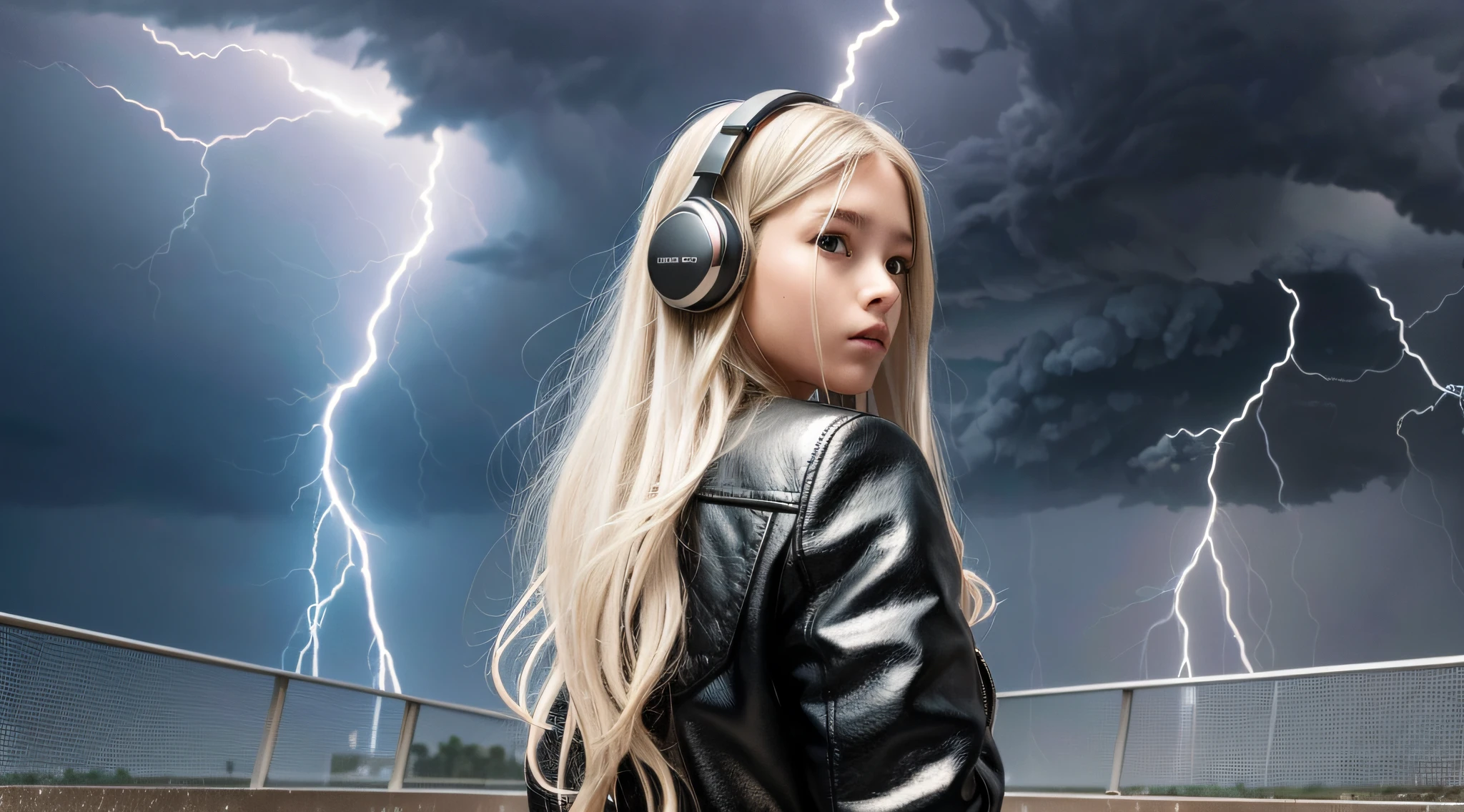 a 14-YEAR-OLD BLONDE GIRL with long hair From headphones, silver leather jacket, lightning, with thunderstorms, thunderstorms, with lightning, crackling with lightning, lightning storms, thunderstorms, thunderstorms, lightning!!!, effects of lightning, severe weather storms, electrical storm, lightning storm, detailed lighting and thunder, during a storm, in a lighting storm,  thunderstorm, dark storms with lightning --auto --s2