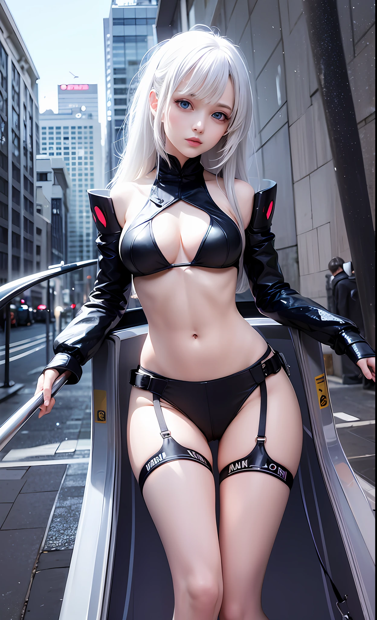 masterpiece, best quality, girls, slender, blue eyes, hair color ash, white skin, medium breasts, cute, sexy, futuristic, bikini, skin exposed, night, white theme, open legs, full body