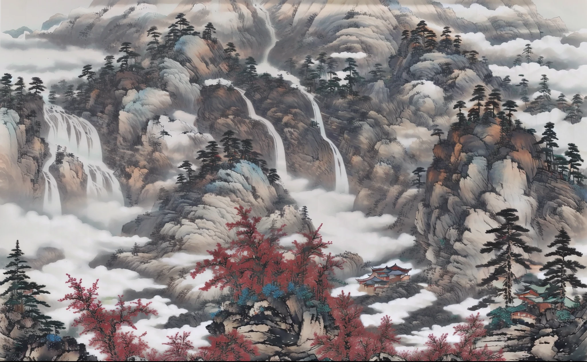 ((masterpiece)), ((best quality)), ((high-res)),((extremly details)), ((Ink wash)), ((artist)), a painting of longly mountain and pine_tree, 分支, no_humans, 户外, 风景, 鸟类, 瀑布,河流, 靛蓝颜料, zulishisong_style_mountains