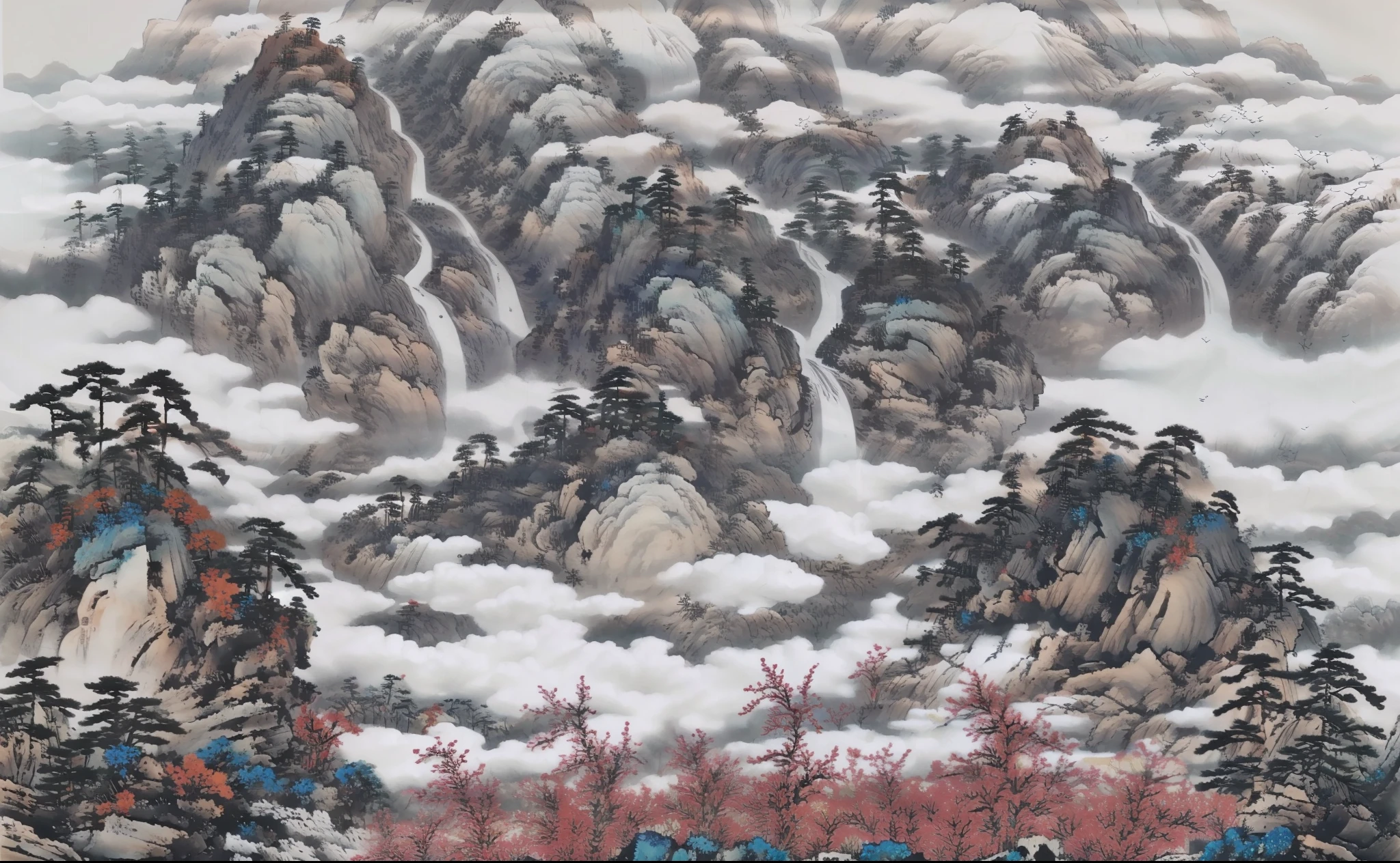 ((masterpiece)), ((best quality)), ((high-res)),((extremly details)), ((Ink wash)), ((artist)), a painting of longly mountain and pine_tree, 分支, no_humans, 户外, 风景, 鸟类, 瀑布,河流, 靛蓝颜料, zulishisong_style_mountains