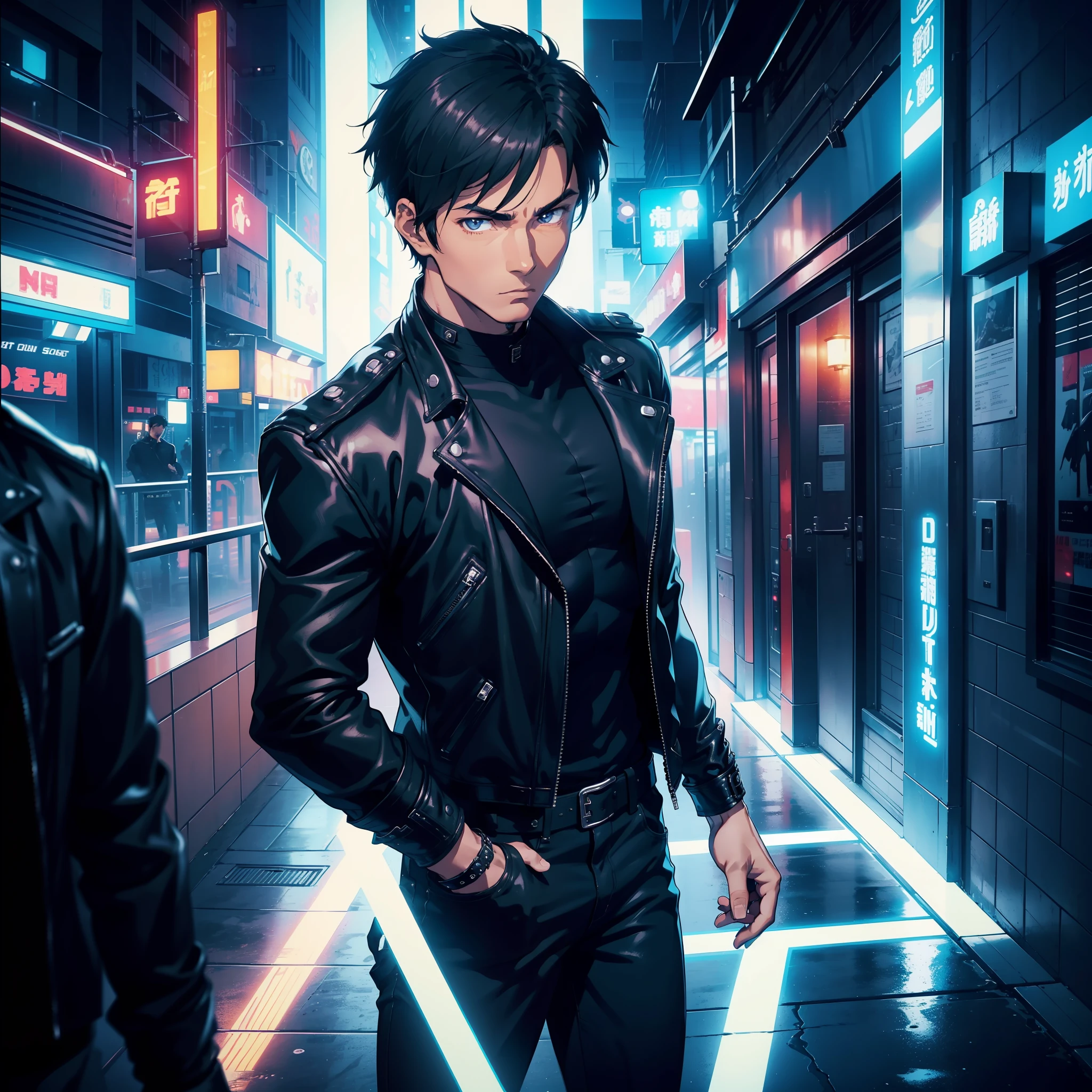 1 man, (25yo), black short hair, black eyes, muscular, handsome, sharp face, tan skin, masculine, black leather jacket, black boots, blue jeans, solo, security guard, KTV, night, neon lights, bored expression, (cinematic composition:1.3), (low angle:0.8)