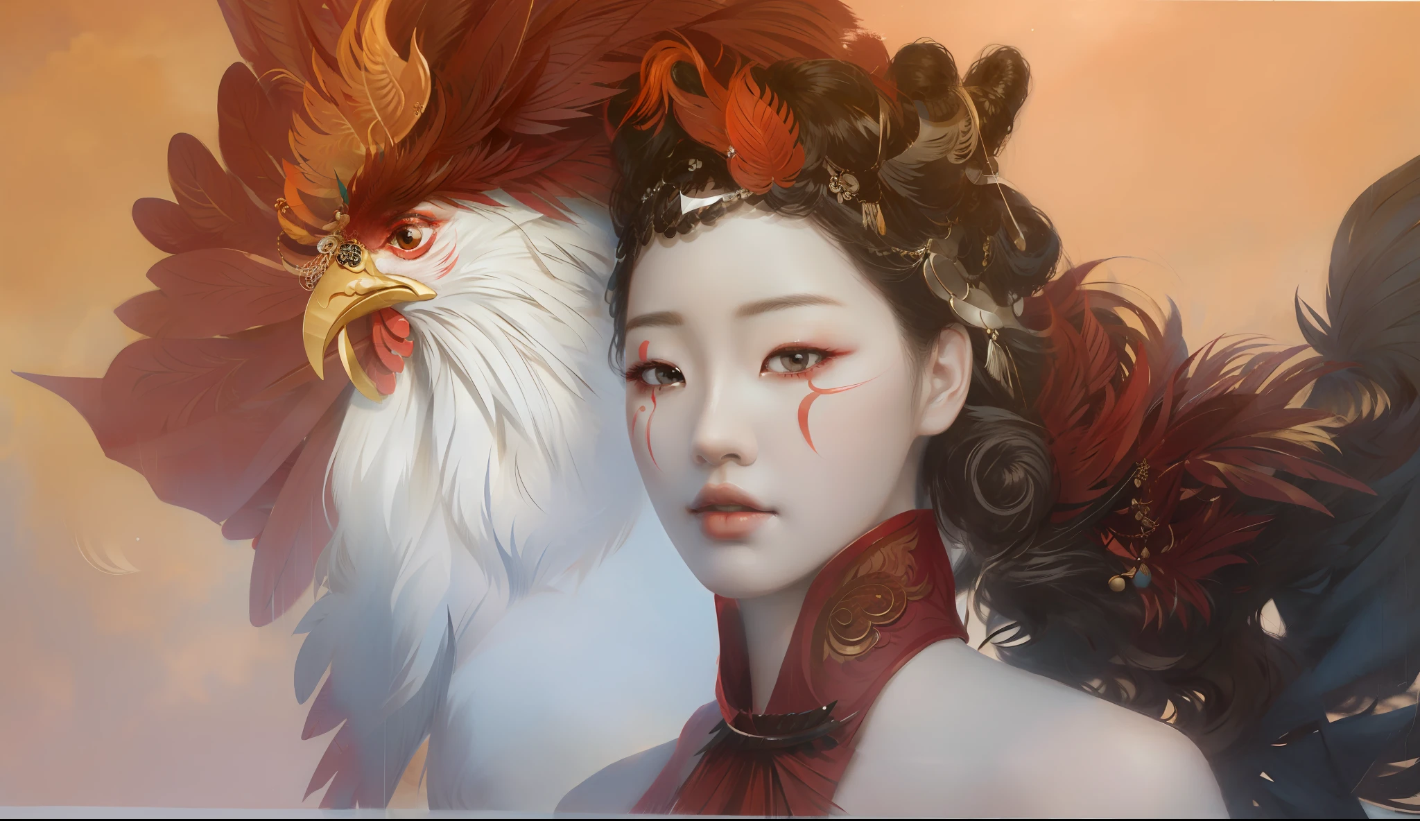 there is a picture of a woman with a rooster on her head, inspired by Frieke Janssens, with a white complexion, inspired by Chen Rong, inspired by Yanjun Cheng, jingna zhang, yanjun chengt, inspired by Pan Yuliang, inspired by Xie Huan, pale complexion, hyperrealism. fantasy 4k, inspired by Wang Ximeng