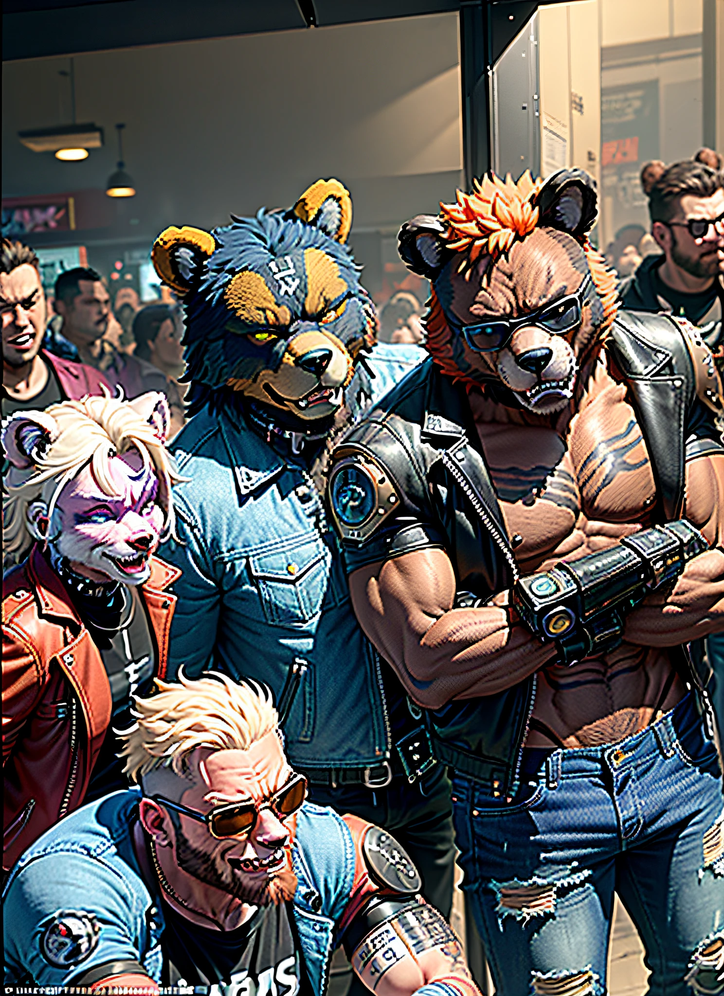 ((furry:1.2)), (LAUGHING AND MOCKING)), ((colorful comic style)), sequential framing, impact frame, ((furry)), (( anthropomorphic bear, male, male waist, open leather jacket, ripped jeans, cybernetic chin, tatoo , (furious look), torn jacket, ((robotic chin)), (second frame), high impact image, in a crowded bar, (hq), two scenes, one page,