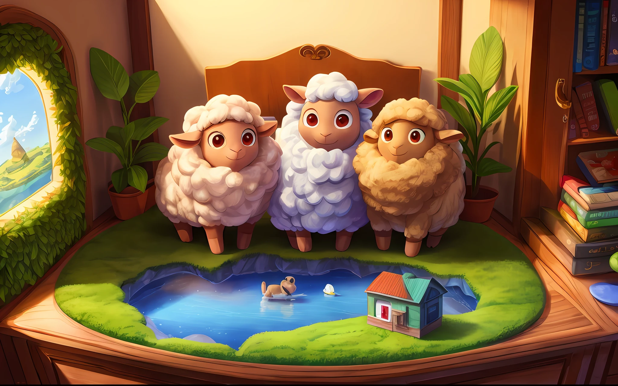 Several sheep, clean background, full body picture, Ghibli-like colors, Pixar, blind box toy style, diorama drawing, Sony FE GM, best quality, super detail, 8k, high resolution, UHD, ccurate, masterpiece, high detail, award-winning