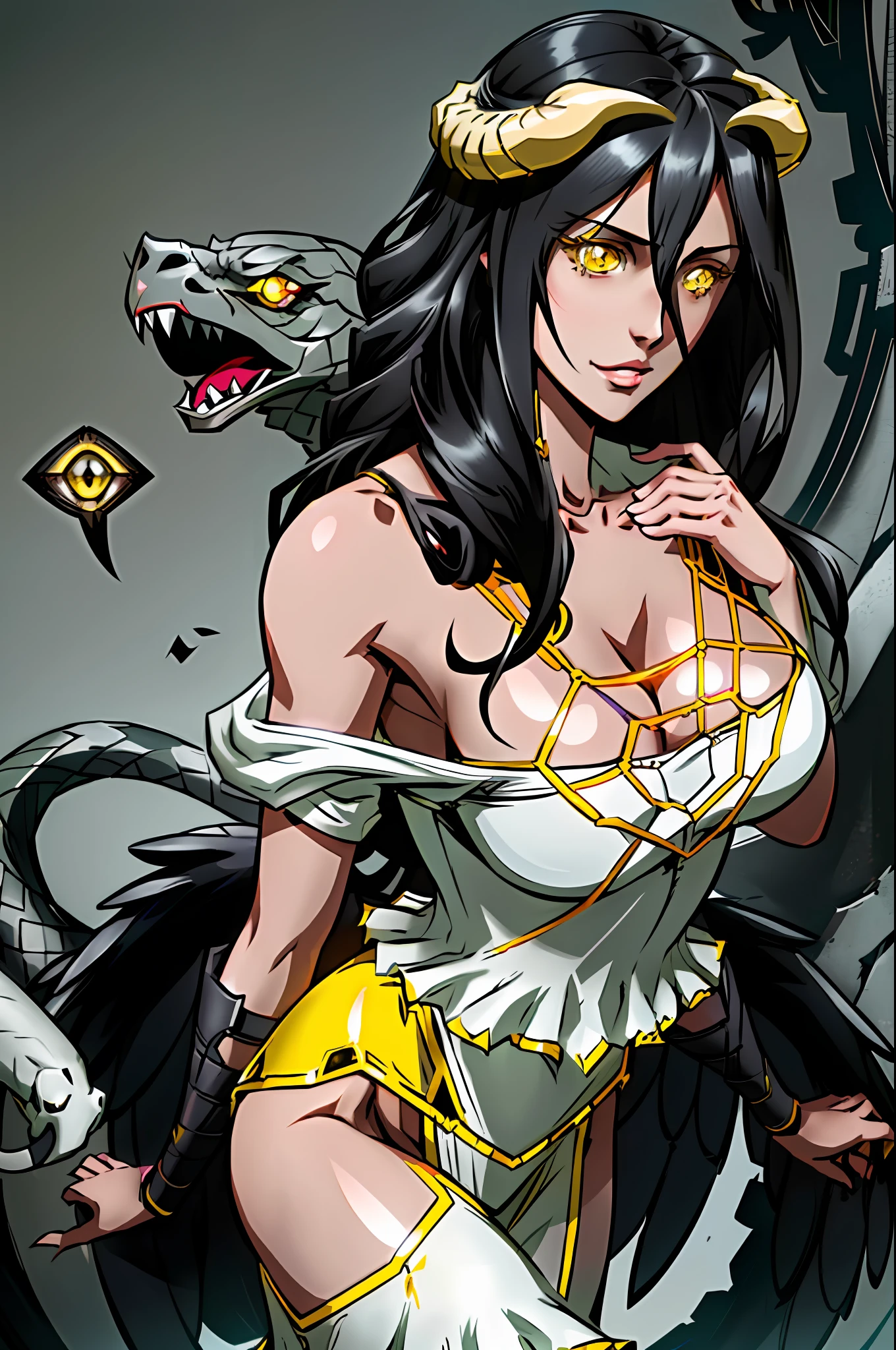 1girl, highres, sharp focus, pixiv masterpiece, (((intricate details)), highly detailed, black hair, fair skin, yellow eyes, snake eyes, long hair, Albedo, Albedo from overlord,
