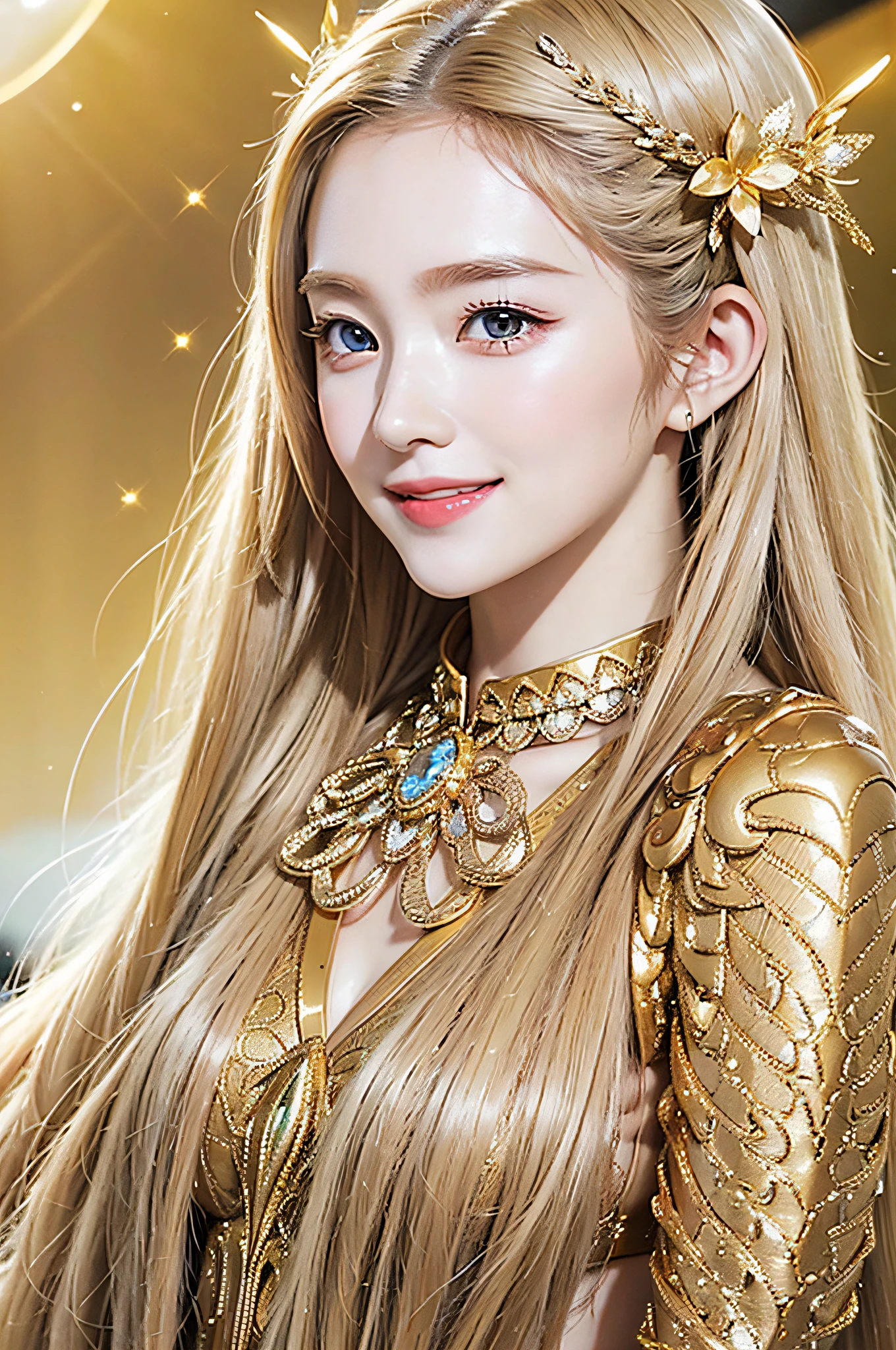 Golden diamond armor, long blonde hair, golden pupils, golden light background, golden transparent wings, diamond texture, smiling, golden eyes, flashing notes around, maiden, golden starlight, dazzling