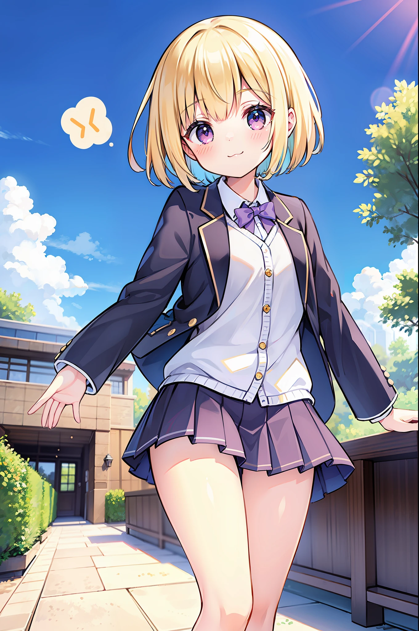 In figure, shorthair, blonde, light purple eyes, smile,: 3, blazer, mini skirt, park