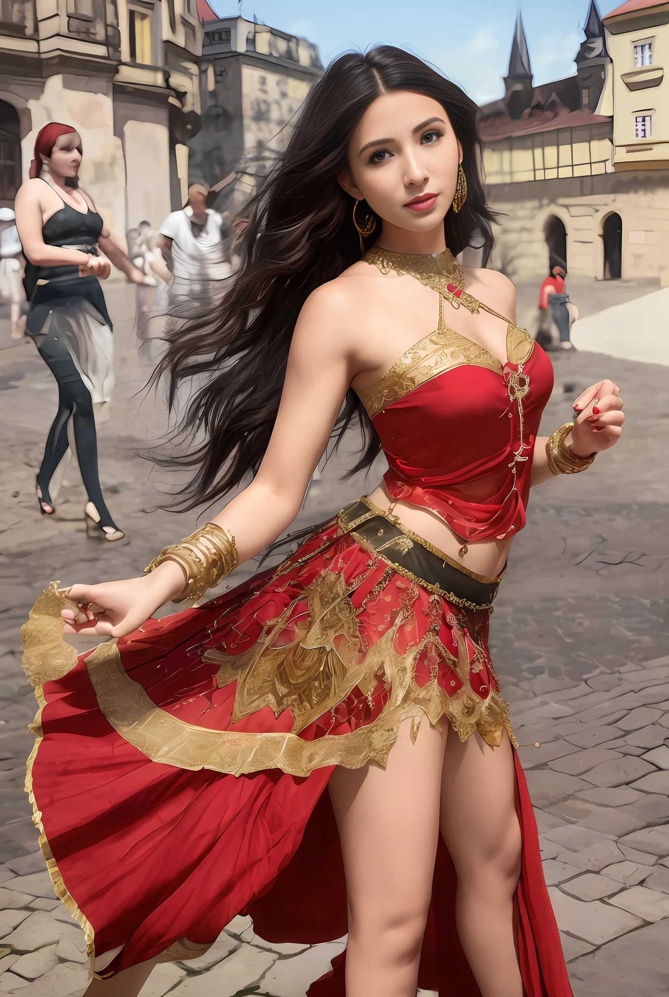 (masterpiece, best quality, realistic),
1girl,Prague Old Town Square background, gypsy dress, dancing, intricate, dark red dress, gold, gypsy person, banquet, crowd, picking up skirt,pale skin,
[slight smile],