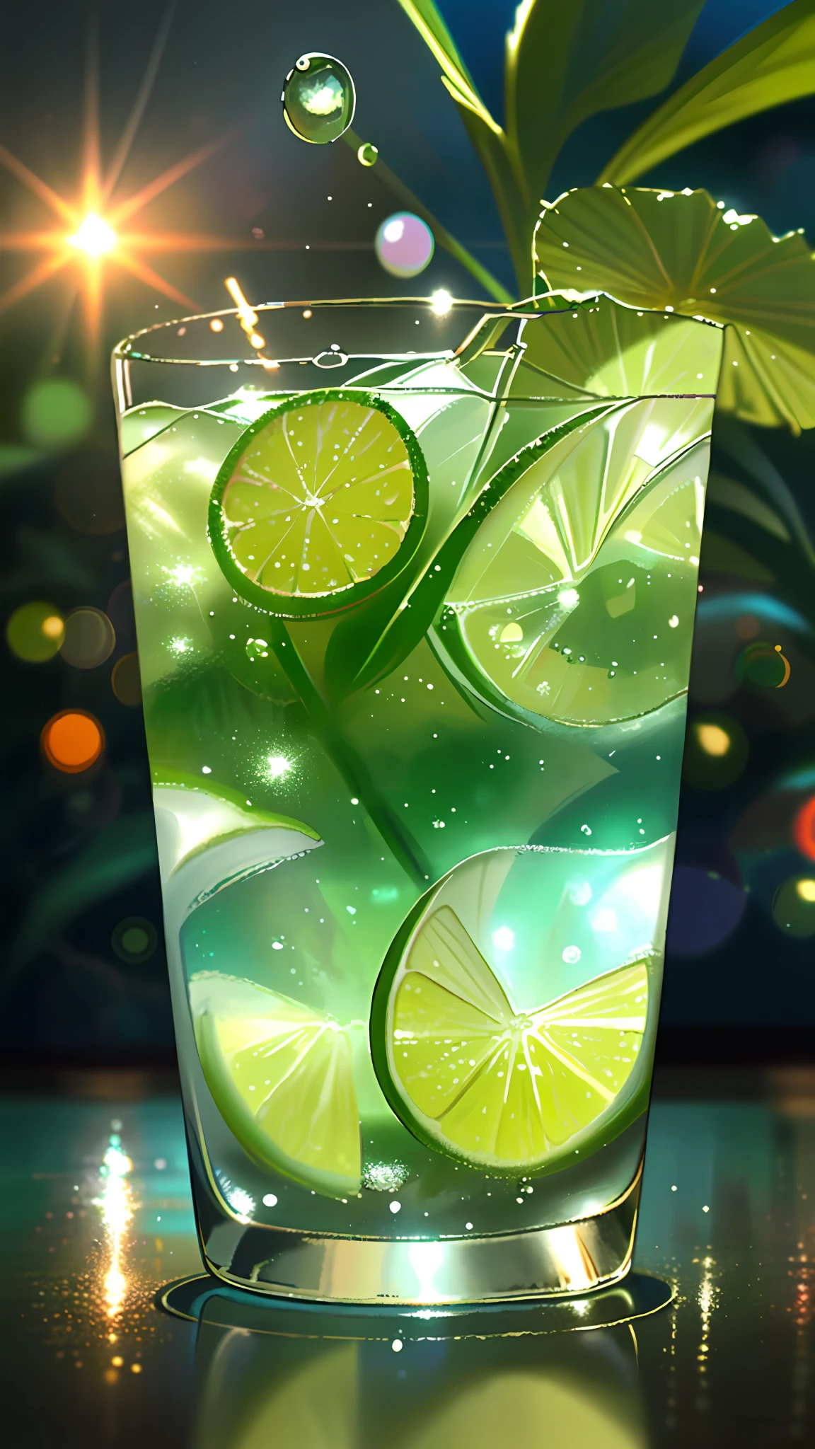 Wallpaper, clear glass, drink, ice, lime, 4 mints, tropical plants, hot weather, HD detail, humidity, small water droplets, hyperdetail, cinematic, surrealism, soft light, deep field focus bokeh, ray tracing, diffuse (ultra-fine glass reflection) and surrealism. --v6