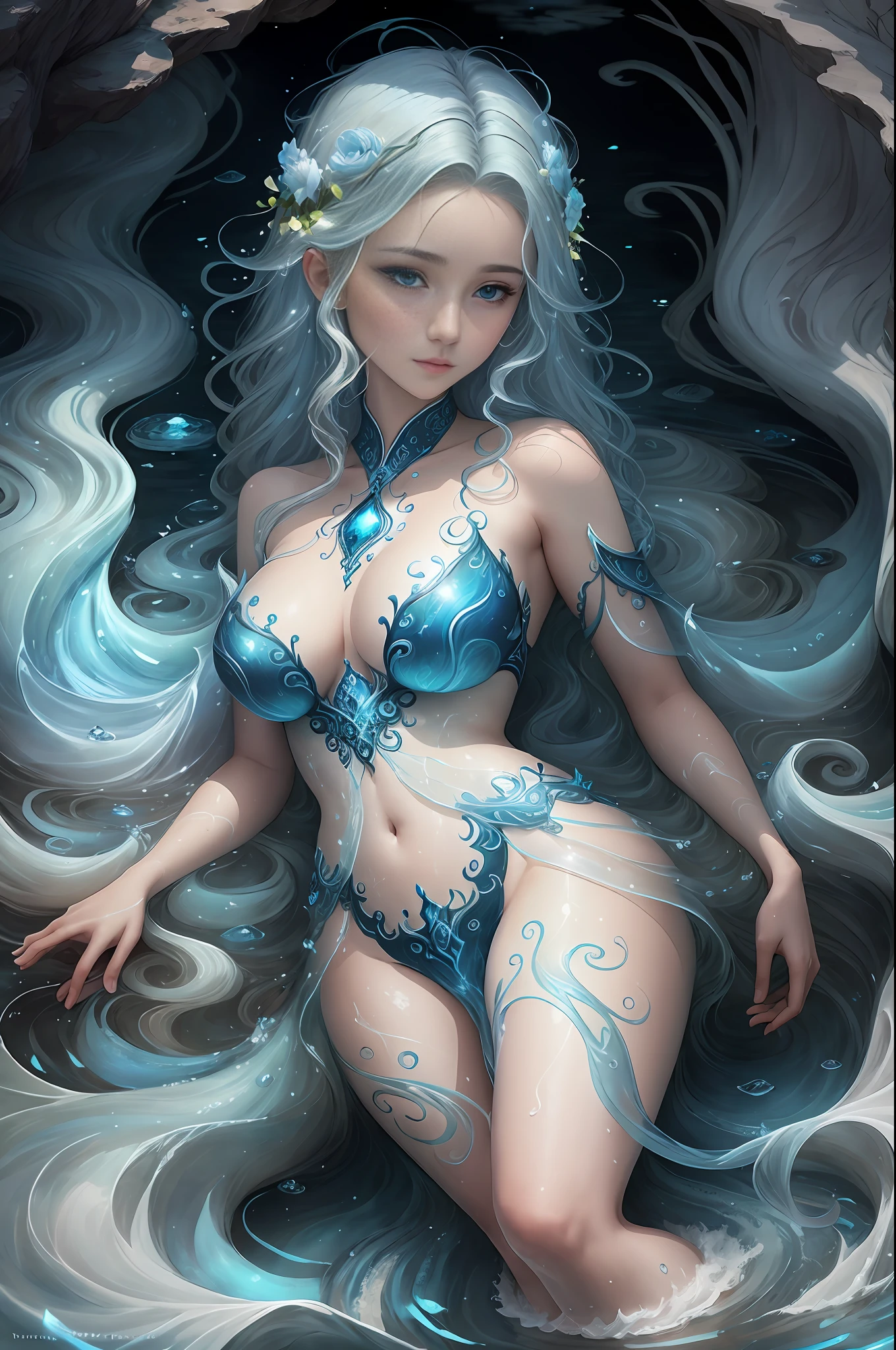 Water spirit in the form of a girl in attractive costume, born from natural rivers, lakes and seas, living in the flow and waves of water, guardian of water

It is a symbol of pure water, a source of life, and a symbol of purification and rebirth.

Have shades in harmony with nature, such as blue, light blue, and transparent.

It is shaped like a stream of water or waves, and is represented like a fairy living by a beautiful waterside.

It can change its appearance depending on the flow of water.

There is a backdrop depicting beautiful rivers, lakes and the sea

Hope to protect water resources and restore clean water, detailed beautiful face and eyes, big buttocks, bright white background, simple background, seen from below, masterpiece, highest quality, highest quality, official art, beautiful aesthetic, surreal, beautiful face, healthy figure, novel and unique style, beautiful hair, smooth skin, baby face