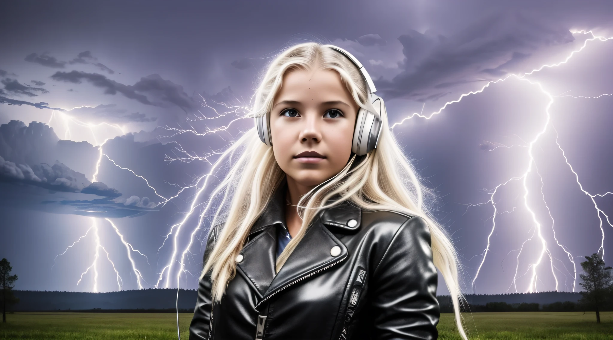 a 14 YEAR OLD BLONDE GIRL with long hair From headphones, silver leather jacket, lightning, with thunderstorms, thunderstorms, with lightning, crackling with lightning, lightning storms, storms, there are lightning, thunder, lightning!!!, lightning effects, severe weather storms, electrical storm, lightning storm, detailed lighting and thunder, during a storm, in a lighting storm, thunderstorm, dark storms with lightning --auto --s2