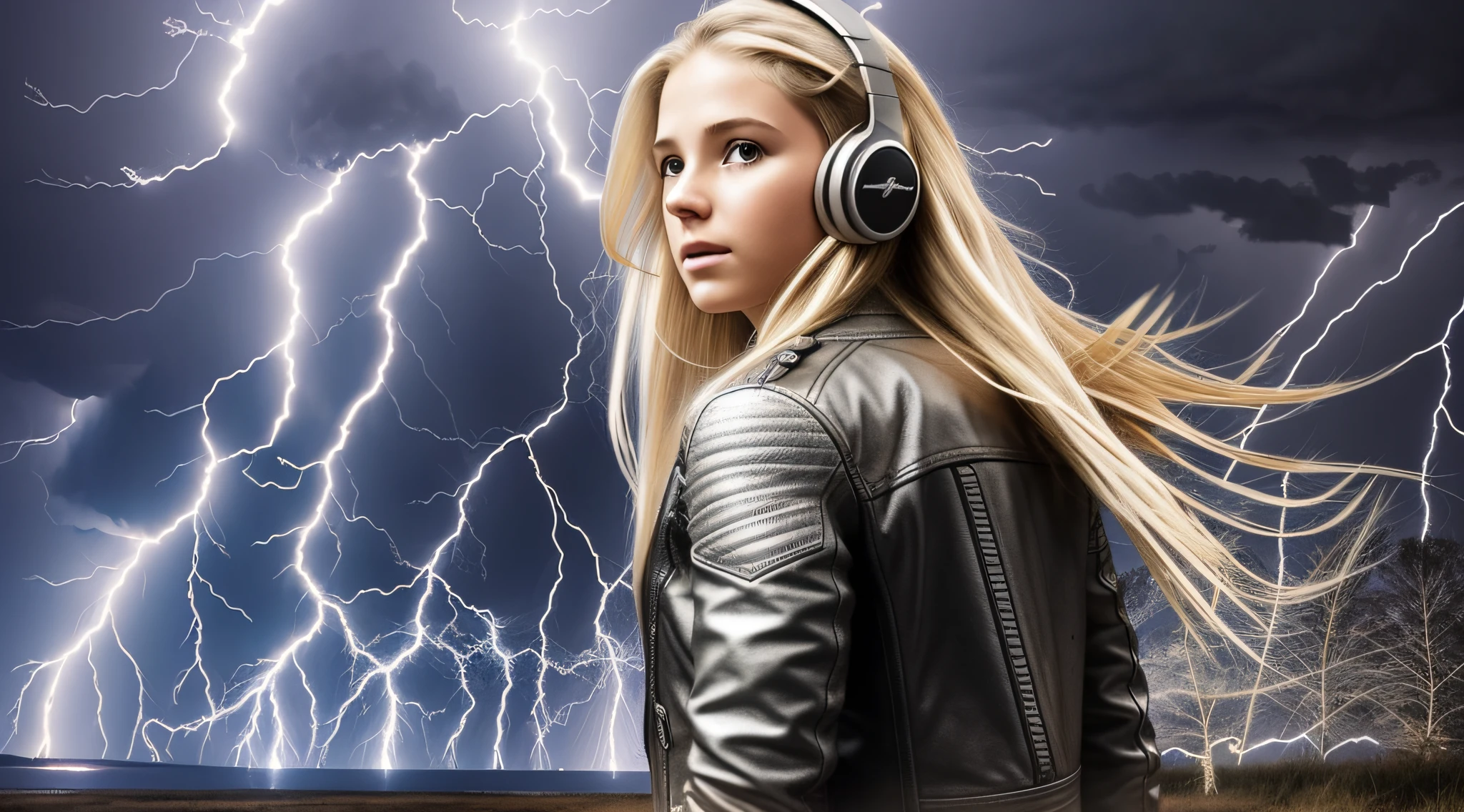 a 14 YEAR OLD BLONDE GIRL with long hair From headphones, silver leather jacket, lightning, with thunderstorms, thunderstorms, with lightning, crackling with lightning, lightning storms, storms, there are lightning, thunder, lightning!!!, lightning effects, severe weather storms, electrical storm, lightning storm, detailed lighting and thunder, during a storm, in a lighting storm,  thunderstorm, dark storms with lightning --auto --s2