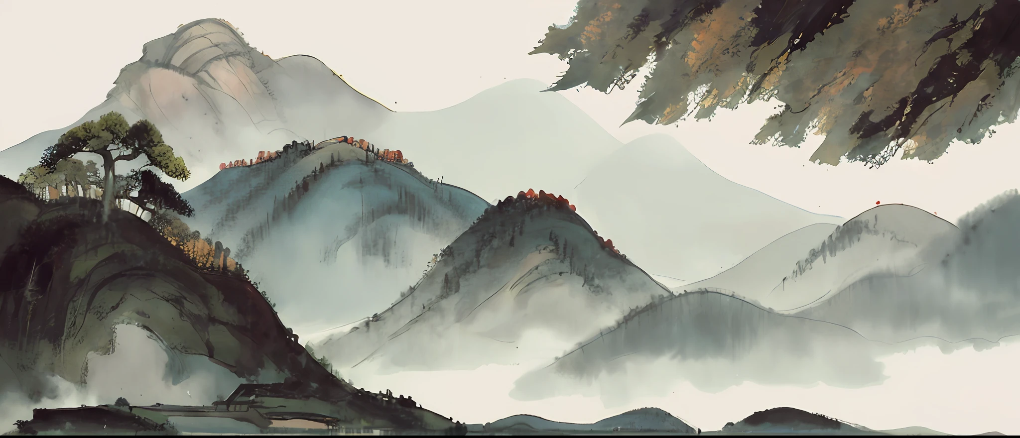 a painting of a landscape with trees and mountains in the background, badashanren, landscape, a painting, ancient china painting
