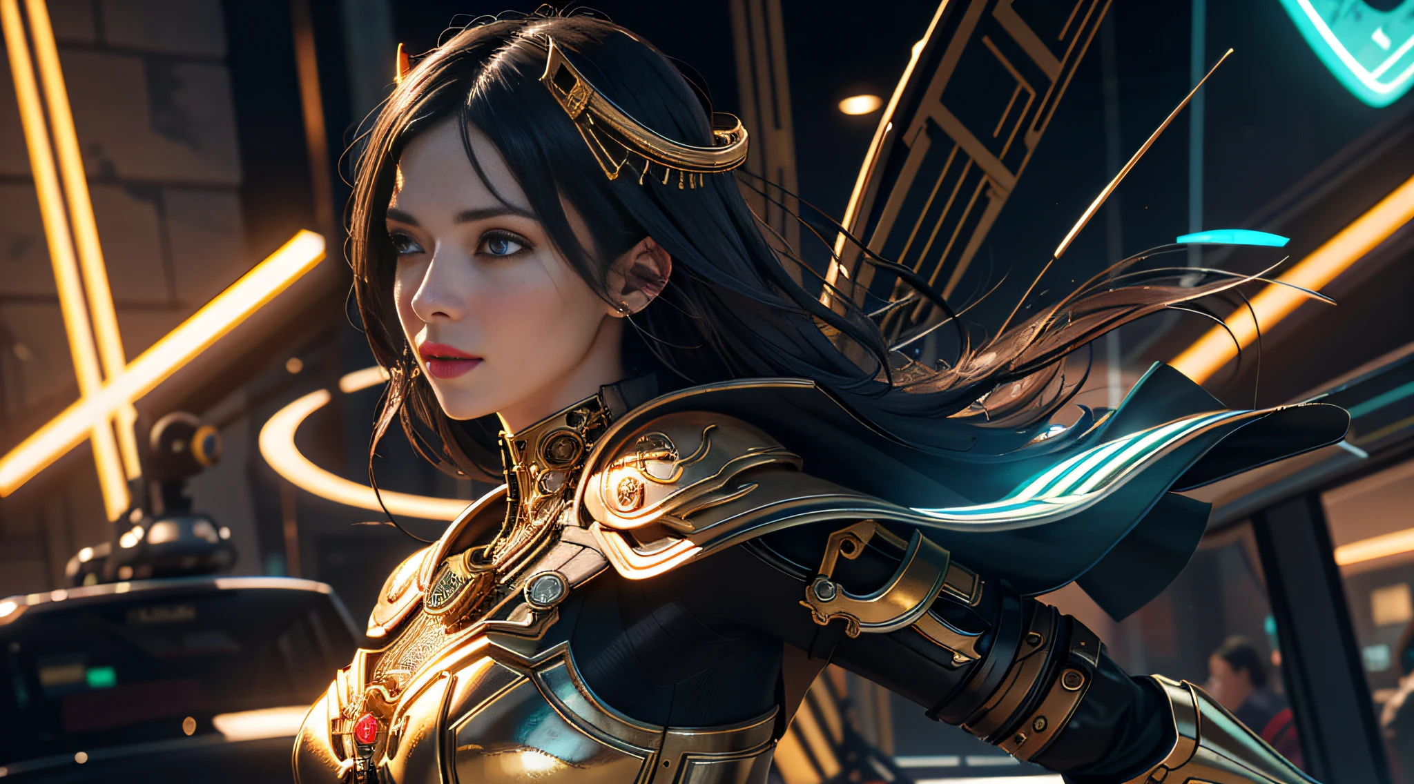 A mechanical girl, (dynamic pose: 1.2), ( Pose: 1.2), (Full body: 1.3), Attack, Guild War, (Mechanical Cloak 1.2), (Mechanical Tights 1.2), (Perfect Face), ((Super Realistic Detail)), Portrait, Global Illumination, Shadow, Octane Rendering, 8K, Super Sharp, Metallic, Complex, Decorative Detail, Cool Color, (Egyptian Detail: 1.5), Highly Intricate Detail, Realistic Light, CGsociety Trend, Glow Eyes, Facing the Camera, Neon Detail, Mechanical Limbs, Blood Vessels Attached to Tubes, Mechanical Vertebrae Attached to the Back, Mechanical Cervical Vertebrae Attached to the Neck, Wires and Cables Attached to the Head. realistic, elegant, goddess, surrealism, high detail, supremacy, cinematic lighting, ray tracing, shadow, uhd, retina, masterpiece, ccurate, anatomically correct, textured skin, super detail, high detail, high quality, high quality, award-winning, best quality, high resolution, 1080P, 16k, 8k, 4K, HD