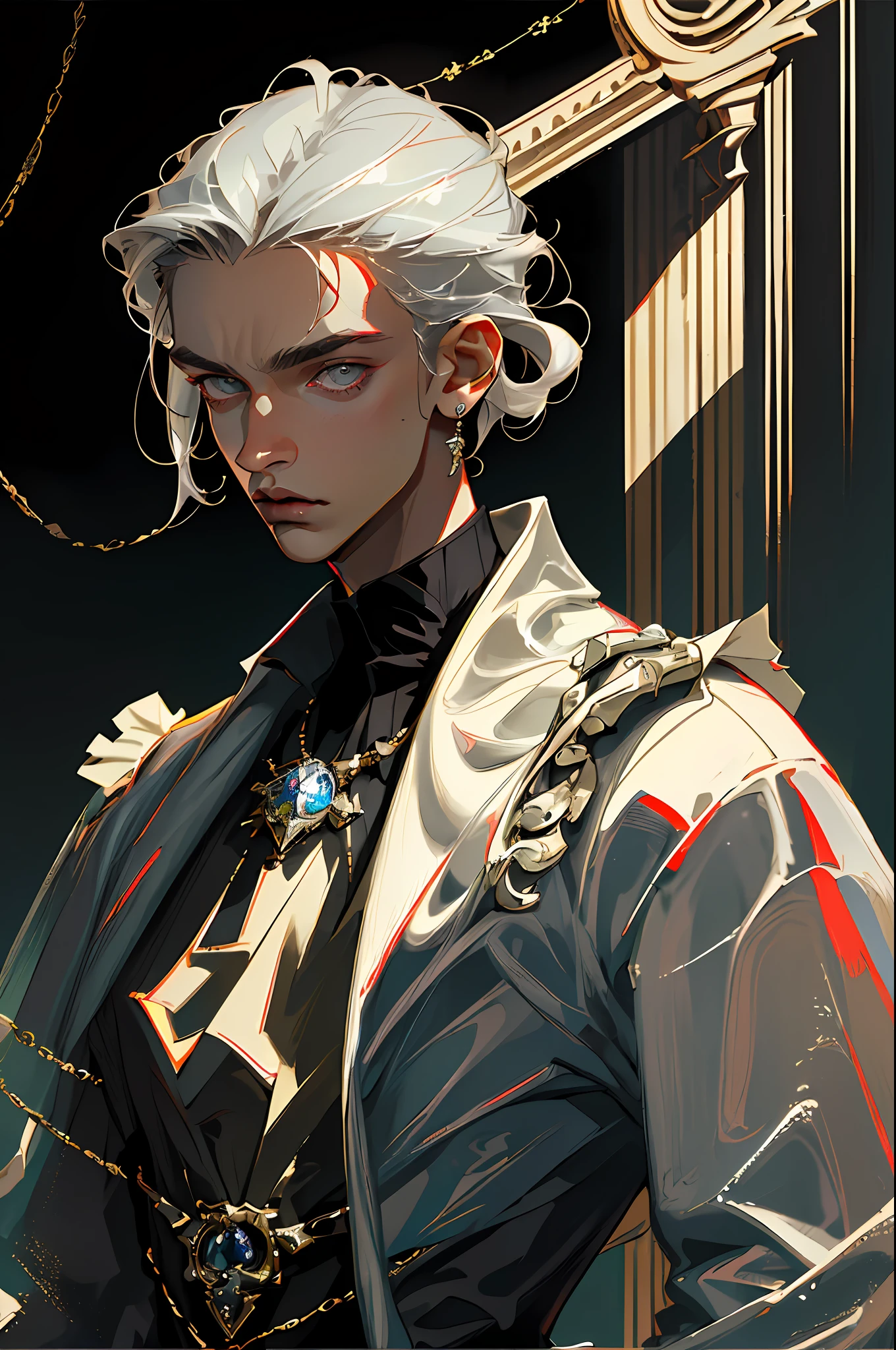 (best quality, masterpiece), 1boy, fashionable clothing, gucci, male model, fine details on face, elegant man, fashion, jewelry, whole body, detailed face, amazing details, movie light, gray eyes, (dark circles), stylist clothes, neutral colors, short hair, indirect light, look at the viewer, melancholic look