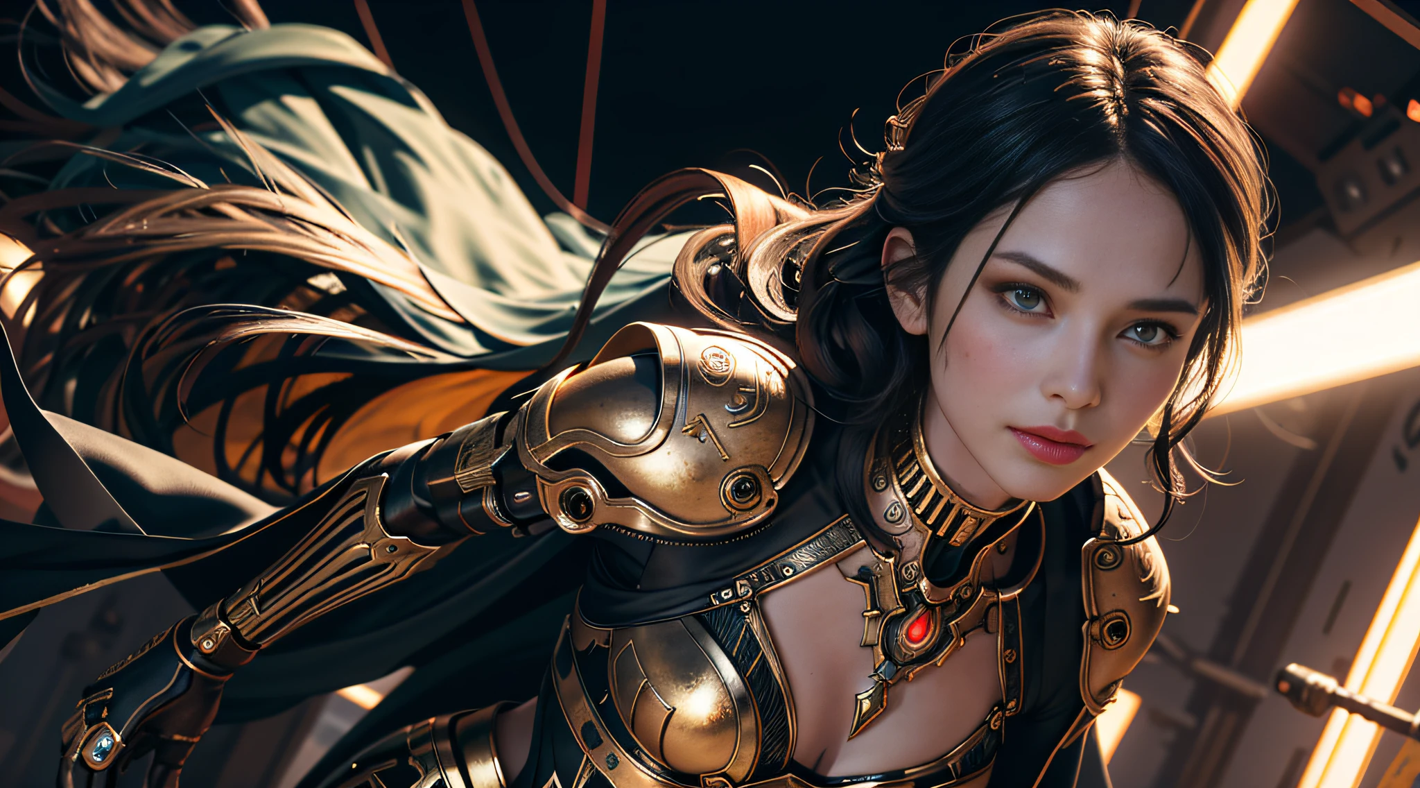 A mechanical girl, (dynamic pose: 1.2), ( Pose: 1.2), (Full body: 1.3), Attack, Guild War, (Mechanical Cloak 1.2), (Mechanical Tights 1.2), (Perfect Face), ((Super Realistic Detail)), Portrait, Global Illumination, Shadow, Octane Rendering, 8K, Super Sharp, Metallic, Complex, Decorative Detail, Cool Color, (Egyptian Detail: 1.5), Highly Intricate Detail, Realistic Light, CGsociety Trend, Glow Eyes, Facing the Camera, Neon Detail, Mechanical Limbs, Blood Vessels Attached to Tubes, Mechanical Vertebrae Attached to the Back, Mechanical Cervical Vertebrae Attached to the Neck, Wires and Cables Attached to the Head. realistic, elegant, goddess, surrealism, high detail, supremacy, cinematic lighting, ray tracing, shadow, uhd, retina, masterpiece, ccurate, anatomically correct, textured skin, super detail, high detail, high quality, high quality, award-winning, best quality, high resolution, 1080P, 16k, 8k, 4K, HD