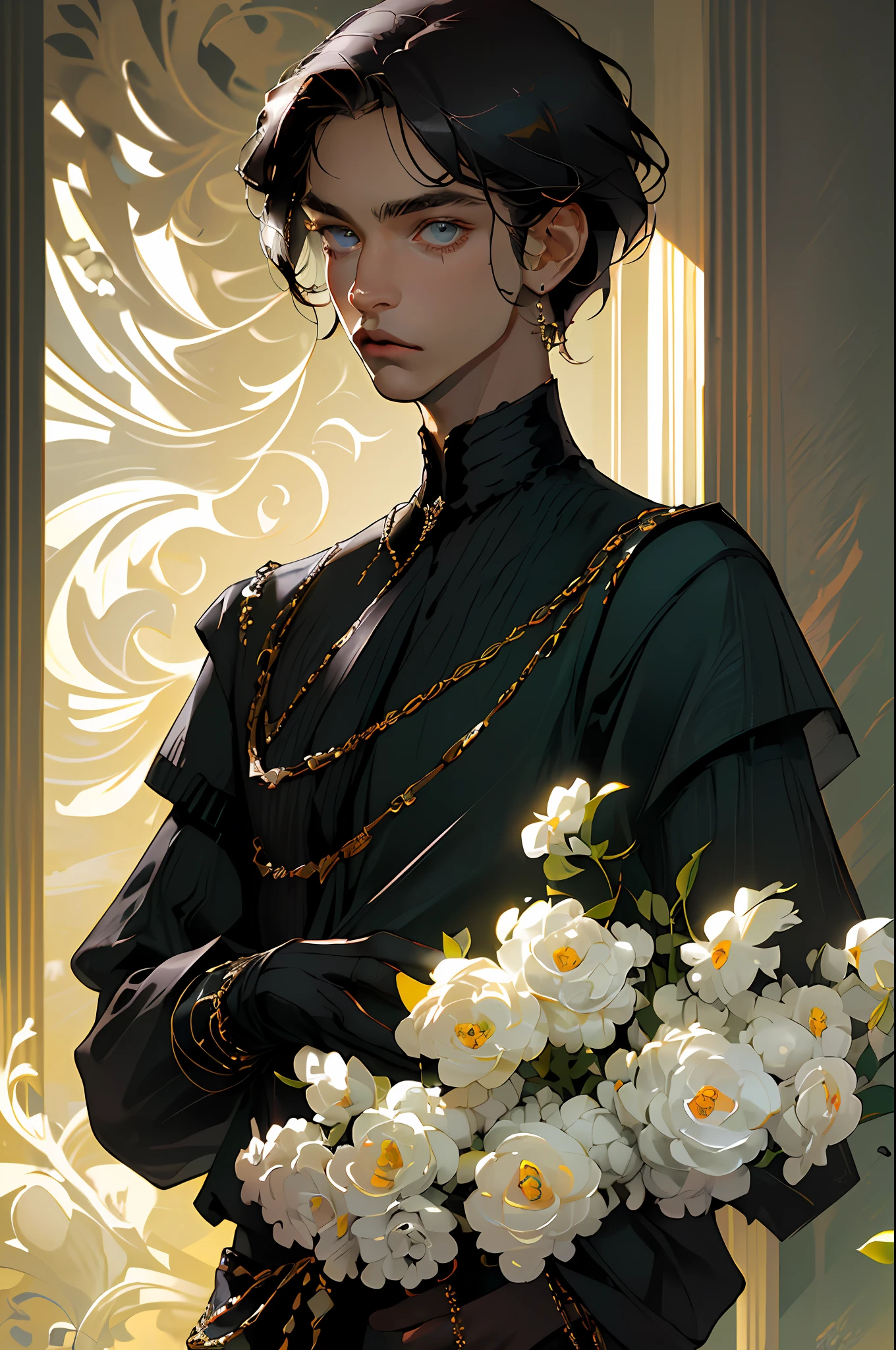 (best quality, masterpiece), 1boy, fashionable clothing, gucci, male model, fine details on face, elegant man, fashion, jewelry, whole body, detailed face, amazing details, movie light, gray eyes, (dark circles), stylist clothes, neutral colors, short hair, indirect light, look at the viewer, melancholic look