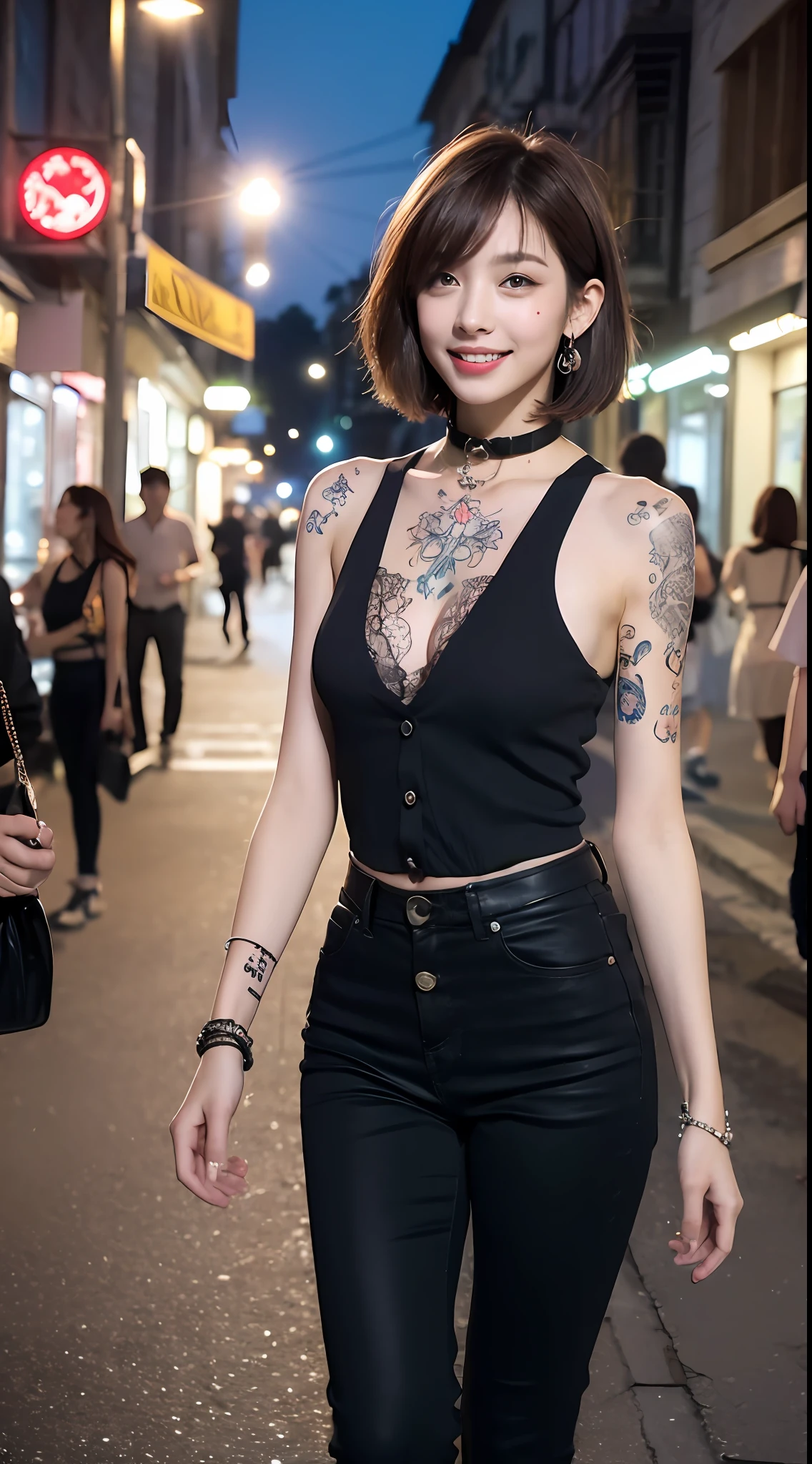 (Night, soft lighting, top quality, 8k, masterpiece, raw photo: 1.3),mysterious, beautiful vampire woman, fantasy, (( beautiful vampire, pointed fangs, pointed canines: 1.2)), red colored eyes, slender eyes, narrow eyes, symmetrical eyes, (highlight color hair, short cut hair, bob cut hair style), earrings, thin bracelets on wrists, ( Full body, sleeveless shirt with collar, shirt with button collar, tight pants: 1.2), ultra detailed, intricate details, very detailed face and skin tone, slim body, body tattooed, tattooed all over body, detailed eyes, realistic, makeup, intellectual, bewitching, beautiful standing figure, small breasts, medieval european cityscape, street at night, invincible smile