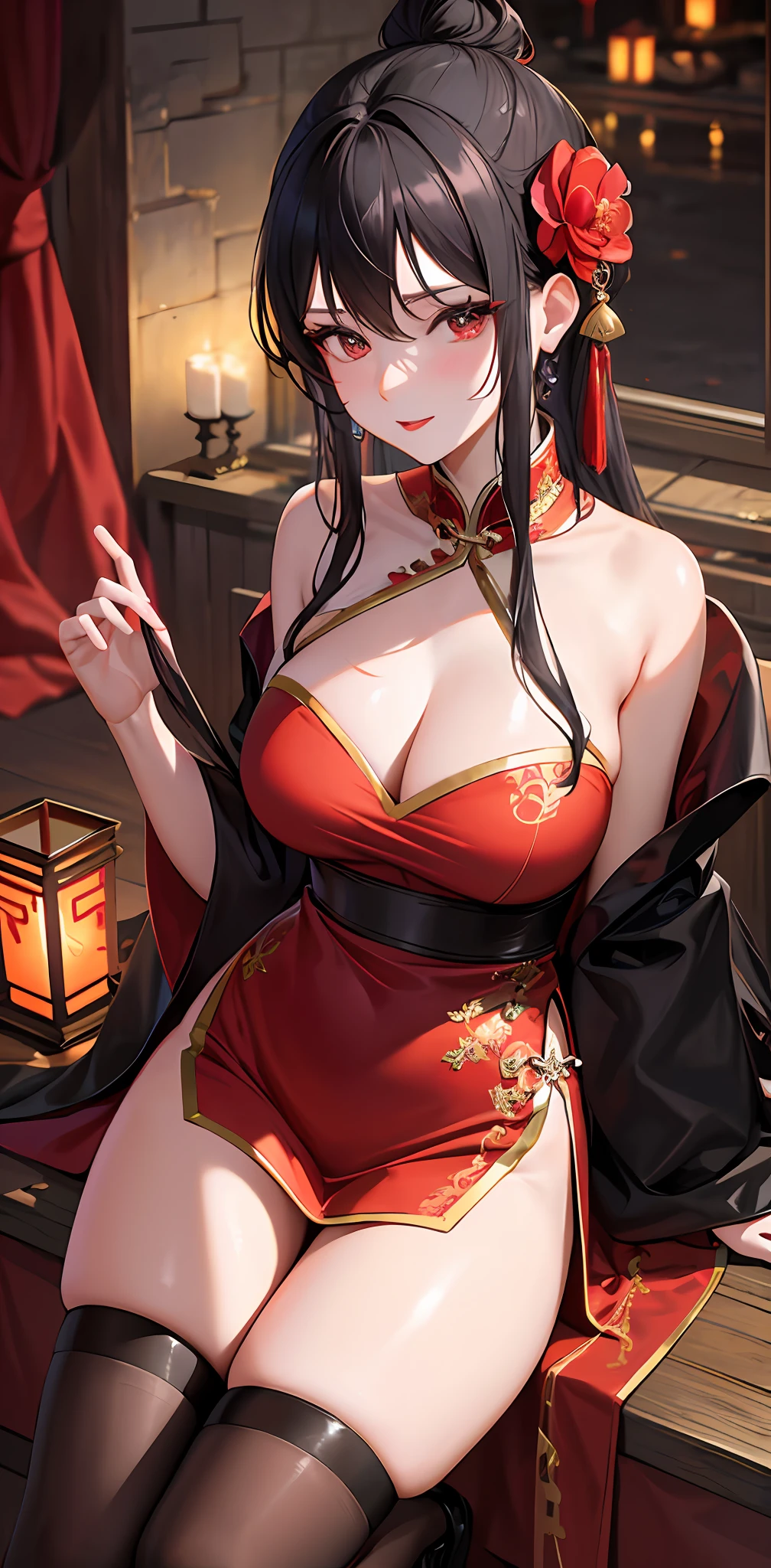 Masterpiece, Superb Body, Extremely Normal Body, Cave House Flower Candle Night, Wedding Scene, ((Single)) Mature Woman, Chinese Style, (Royal Sister), Chinese Costume Red Wedding Dress, Hair Bun, Black Long-Haired Woman, Embroidered Shoes, Black Stockings, Red Lips, Gentle, Intellectual, Three Belts, Wedding Background, Wan, Red Lantern, Festive Atmosphere, Face Close-up, Face Close-up