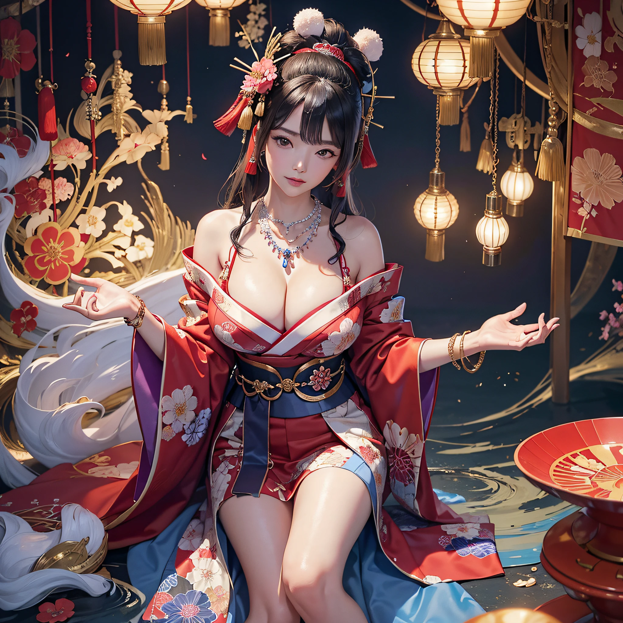 (Cinematic Light, Top Quality, 8K, Masterpiece: 1.3), (World Wonderful, Goddess of the Japan, Japan Beautiful Girl, Korean Goddess), (Full Body), One Girl, (Necklace, Bracelet, Anklet, Leg Ring), (Huge Breasts, Cleavage, Exposed Breasts, Sexy Cleavage, Highly Detailed Breasts), (Colossal), À la Fed Woman in Kimono, Kimono, Classic Kimono, Kimono, Japan kimono, long and beautiful flowing kimono, intricate geisha kimono, red or purple kimono with floral pattern, Japanese style, wearing kimono, inspired by Kano Hogai,