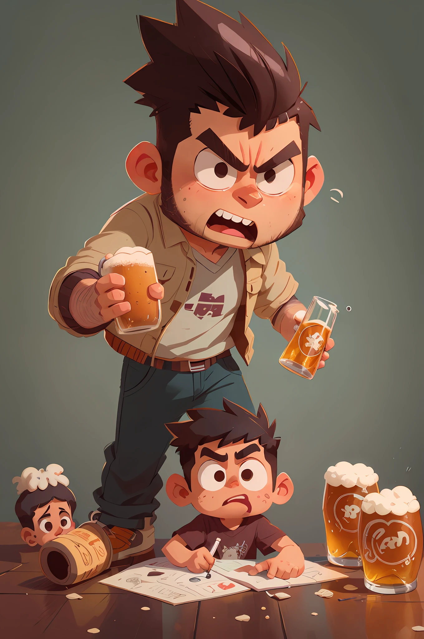 cartoon illustration of a man and a boy drinking beer together, 2d illustration, 2 d illustration, rob rey and kentaro miura style, highly detailed character design, cartoon artstyle, 2d matte illustration, in the style of sachin teng, 2. 5 d illustration, great character design, cartoon style illustration, detailed 2d illustration, cartoon art style