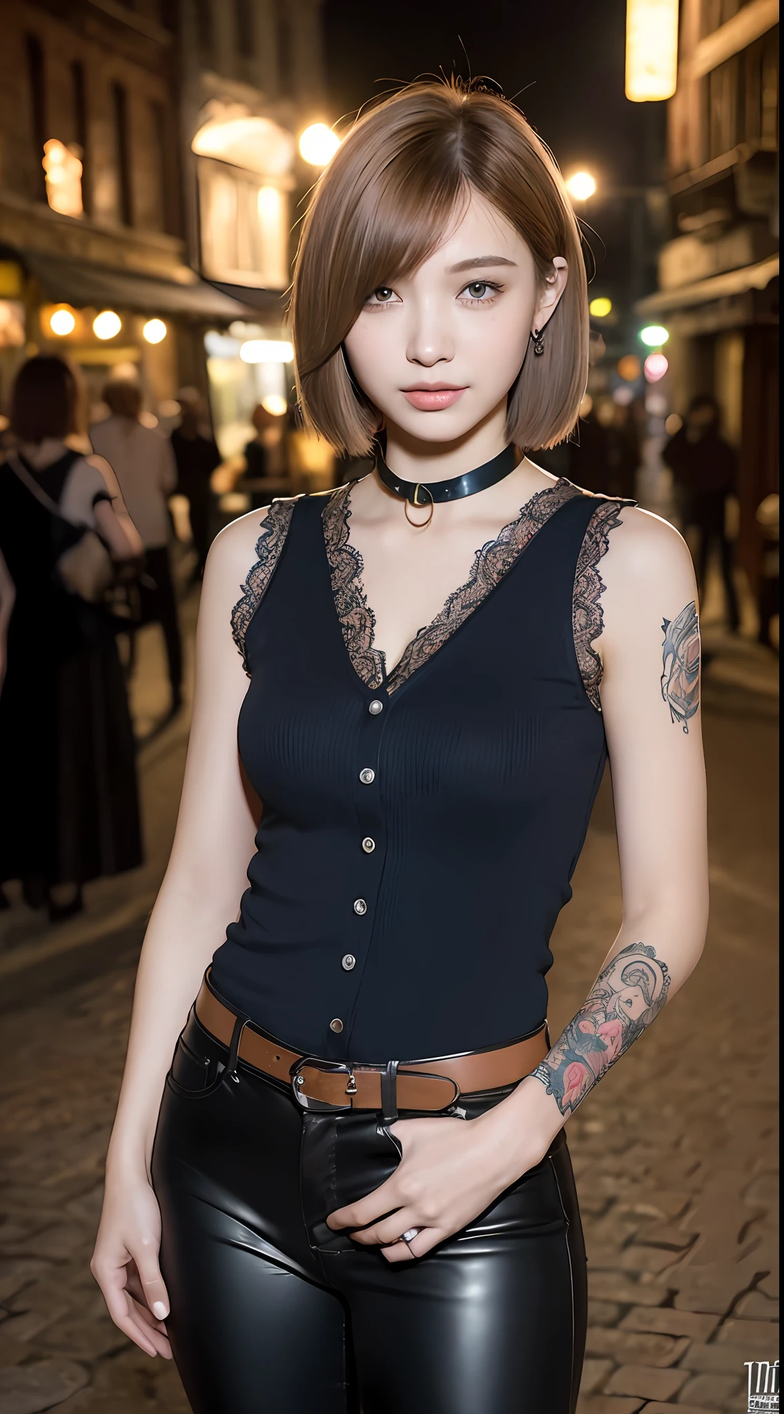 (night, soft lighting, top quality, 8k, masterpiece, raw photo: 1.3),mysterious, beautiful young woman, fantasy, red colored eyes, slender eyes, narrow eyes, symmetrical eyes, (highlight color hair, short cut hair, bob cut hair style), earrings, thin bracelet on wrist, (full body, sleeveless shirt with collar, shirt with button collar, tight pants:1.2), super detailed, intricate details, highly detailed face and skin tone, slim body, body tattooed, tattooed all over body, detailed eyes, realistic, makeup, intellectual, bewitching, beautiful standing figure, small breasts, medieval european cityscape, night street, invincible smile