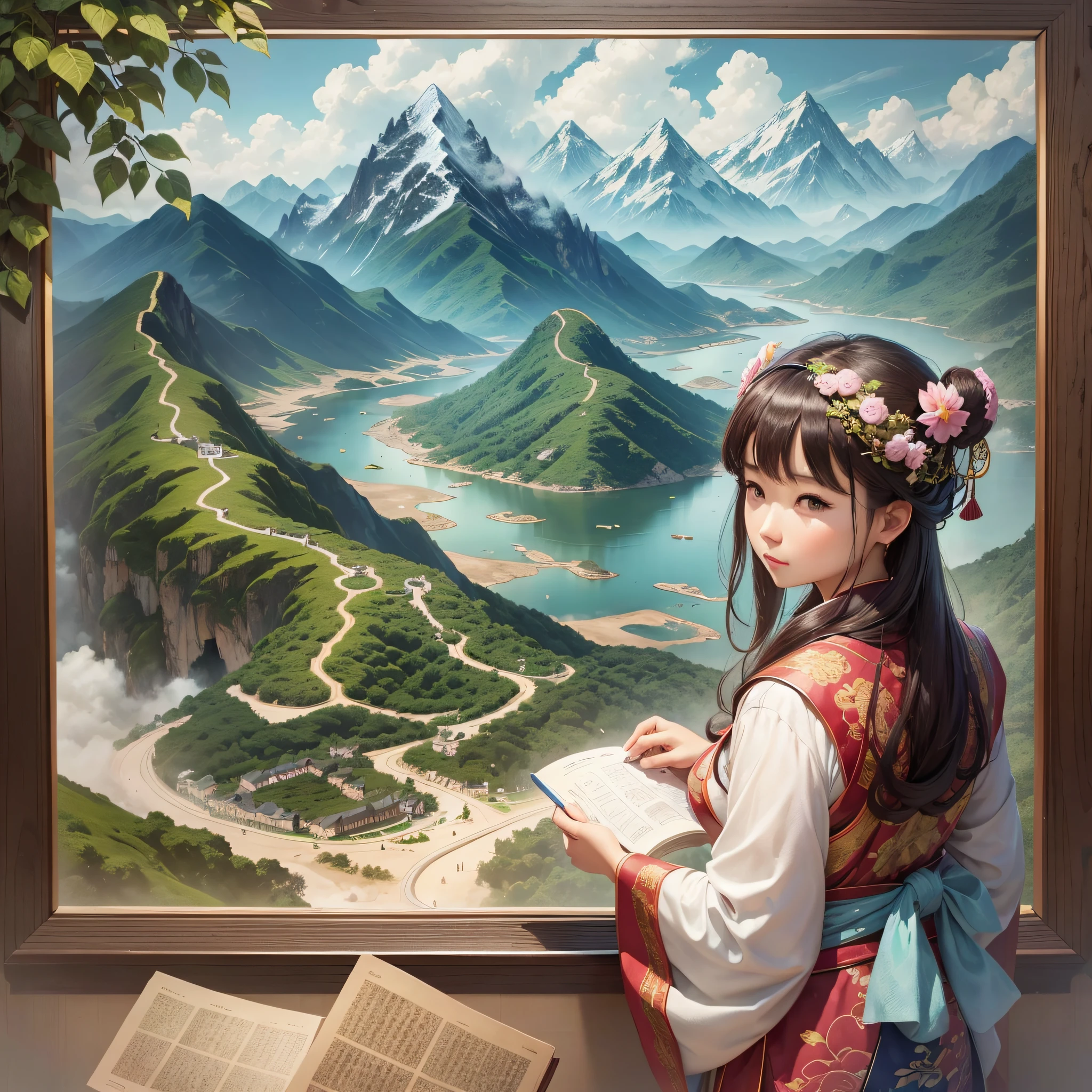 This illustration depicts a Chinese woman who loves geography, shows her passion for China and world geography, and shows her wisdom and courage.

This woman figure is a confident and elegant lover of Chinese geography. She has long hair and a shawl, probably tied in a simple and delicate bun, showing her cultural heritage and taste.

She wears a Hanfu with some geography-related motifs, such as mountains, rivers, or map elements, highlighting her focus on geographical culture.

She holds a beautiful geography book or research report in her hand, reading and researching intently. There may be some annotations and sketches on the book showing her in-depth knowledge and learning of geography.

Surrounded by various geographical tools and instruments, such as magnifying glasses, compasses, measuring rulers, etc., reflect her love of geographical practice and investigation. There may also be maps or geographic models that symbolize her curiosity and desire to explore the geographical features of various parts of the planet.

The background of the illustration can be a representative geographical landscape of China, such as the Great Wall, Hangzhou's West Lake or the snow-capped mountains of Tibet, highlighting her love for China's land and landscape. She can also add some internationally renowned geographical features, such as the pyramids in Egypt and the Amazon rainforest in Brazil, to highlight her interest in exploring world geography.

This illustration emphasizes her passion and pursuit of Chinese geography in China and the world by presenting the image of this Chinese woman who loves geography. She represents the wisdom and courage of Chinese female geography enthusiasts, encourages people to deeply understand and protect the earth's natural environment and cultural heritage, and promotes China's exchanges and cooperation in the field of international geography. --auto --s2