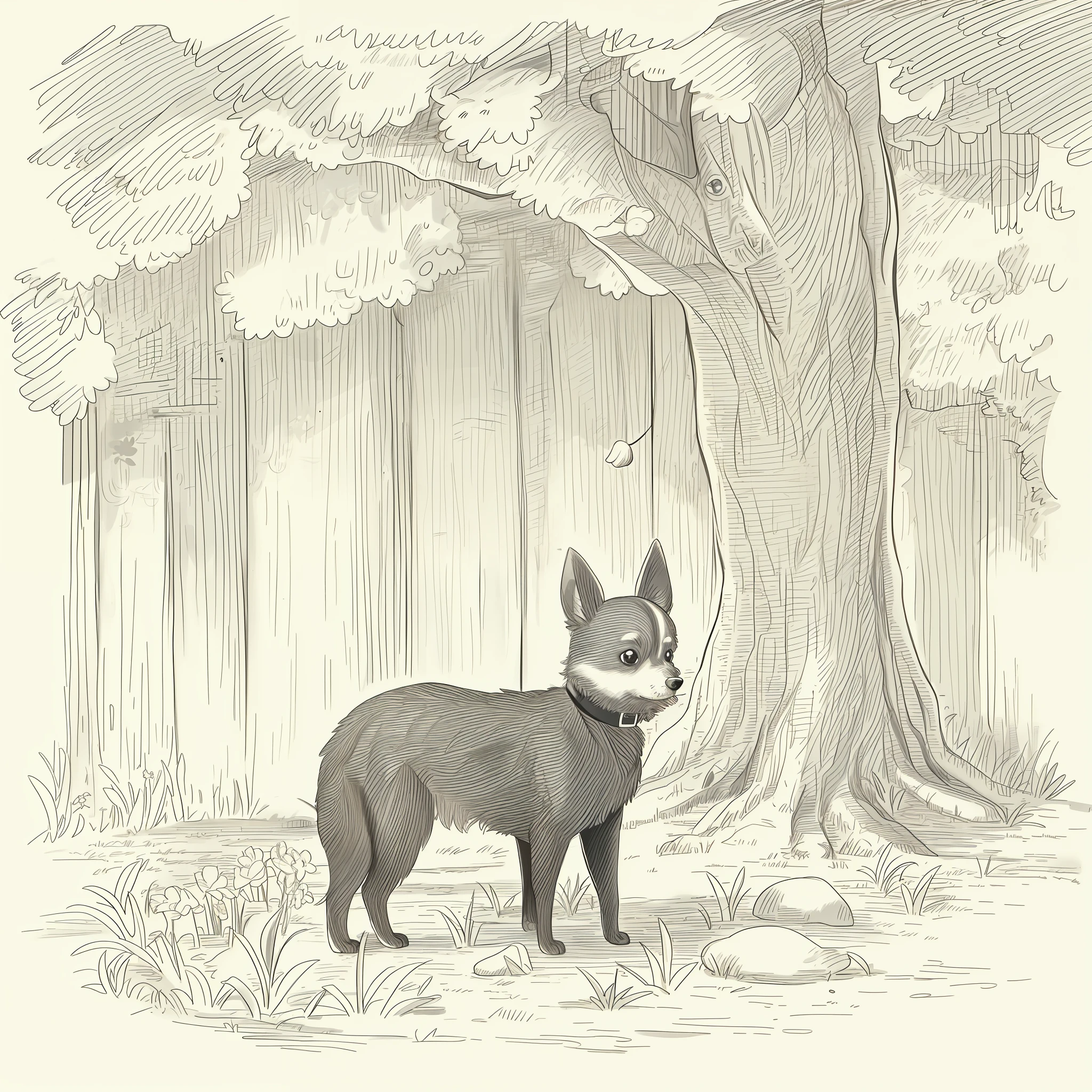 (High quality, 8k) line drawing, lineart, black and white, cute and fluffy chihuahua dog in the forest with trees and flowers